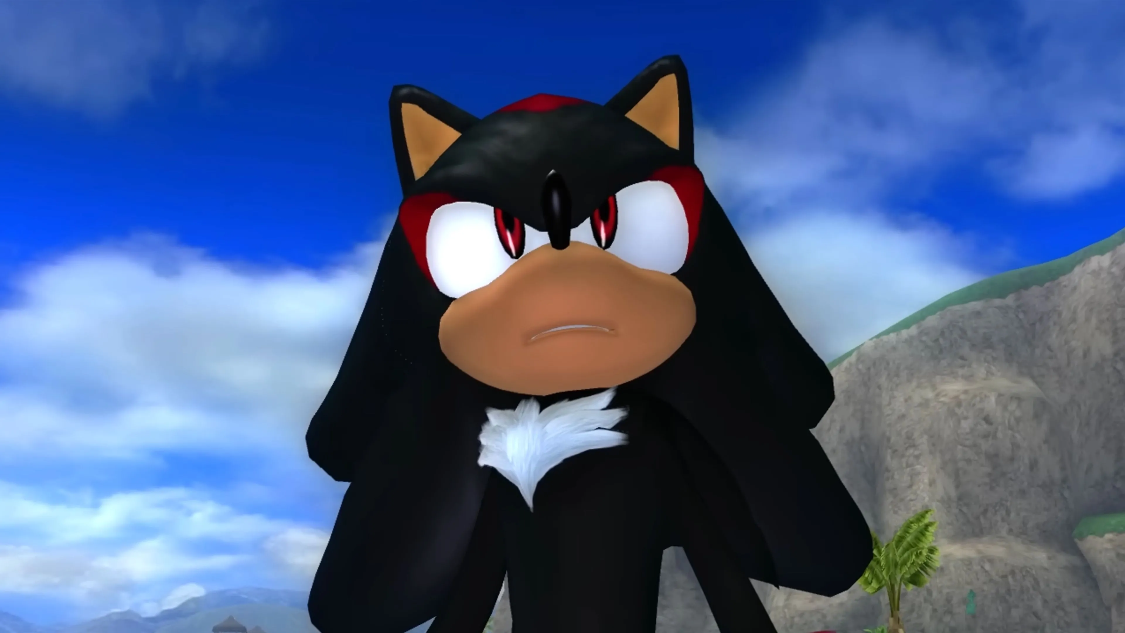 Nhân vật Shadow the Hedgehog trong một cảnh game Sonic (2006) với biểu cảm mạnh mẽ.