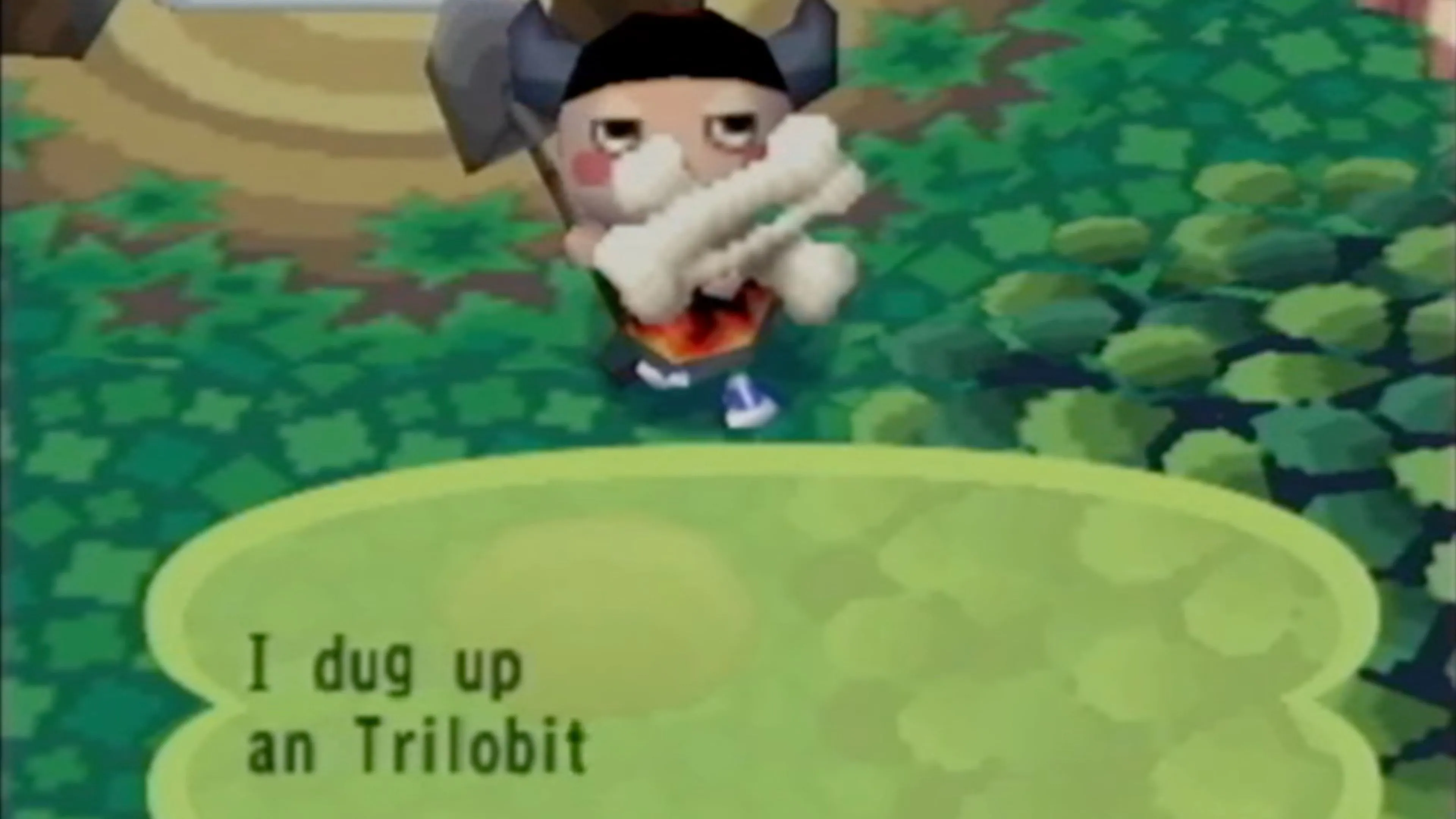 Nhân vật trong Animal Crossing đang đào một hóa thạch Trilobite