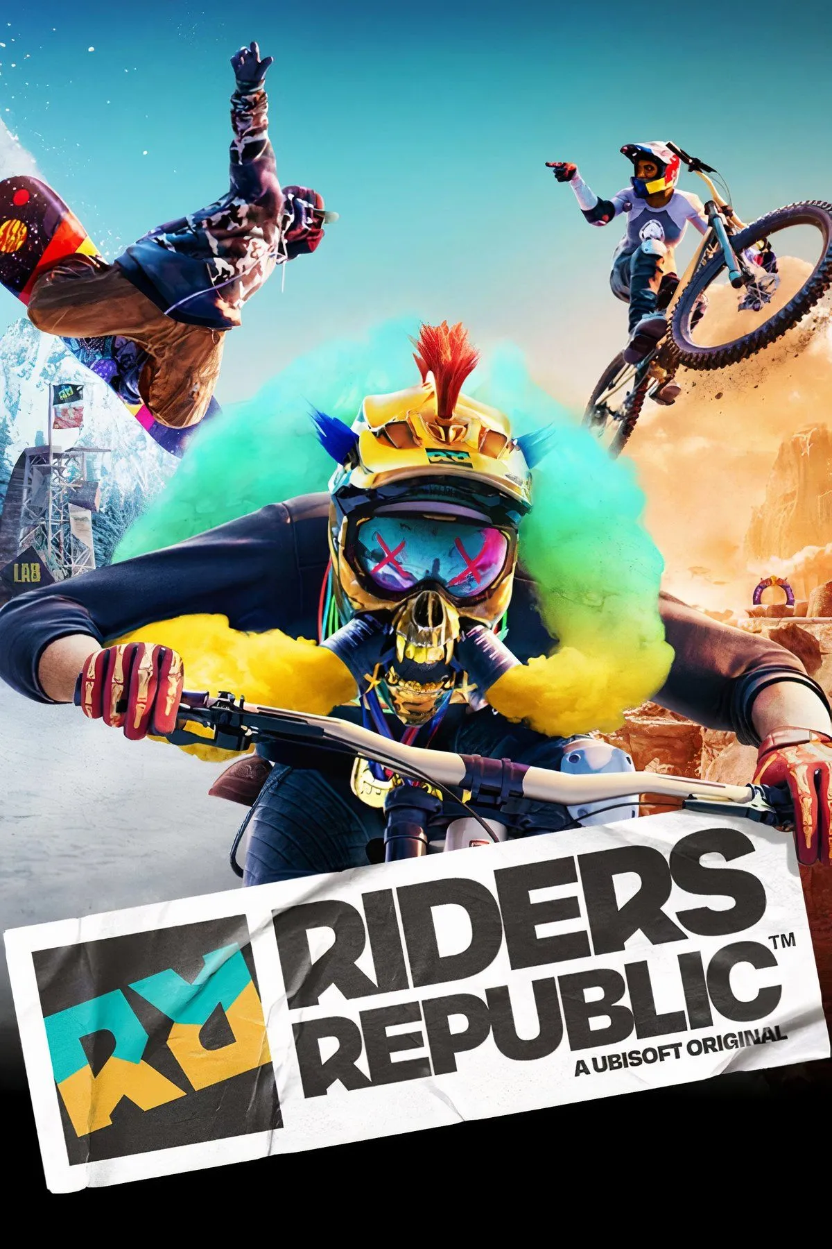 Nhân vật trong Riders Republic đang bay lượn trên không trung với bộ đồ wingsuit, phía dưới là cảnh quan núi non hùng vĩ, thể hiện sự tự do và đa dạng của các môn thể thao mạo hiểm.
