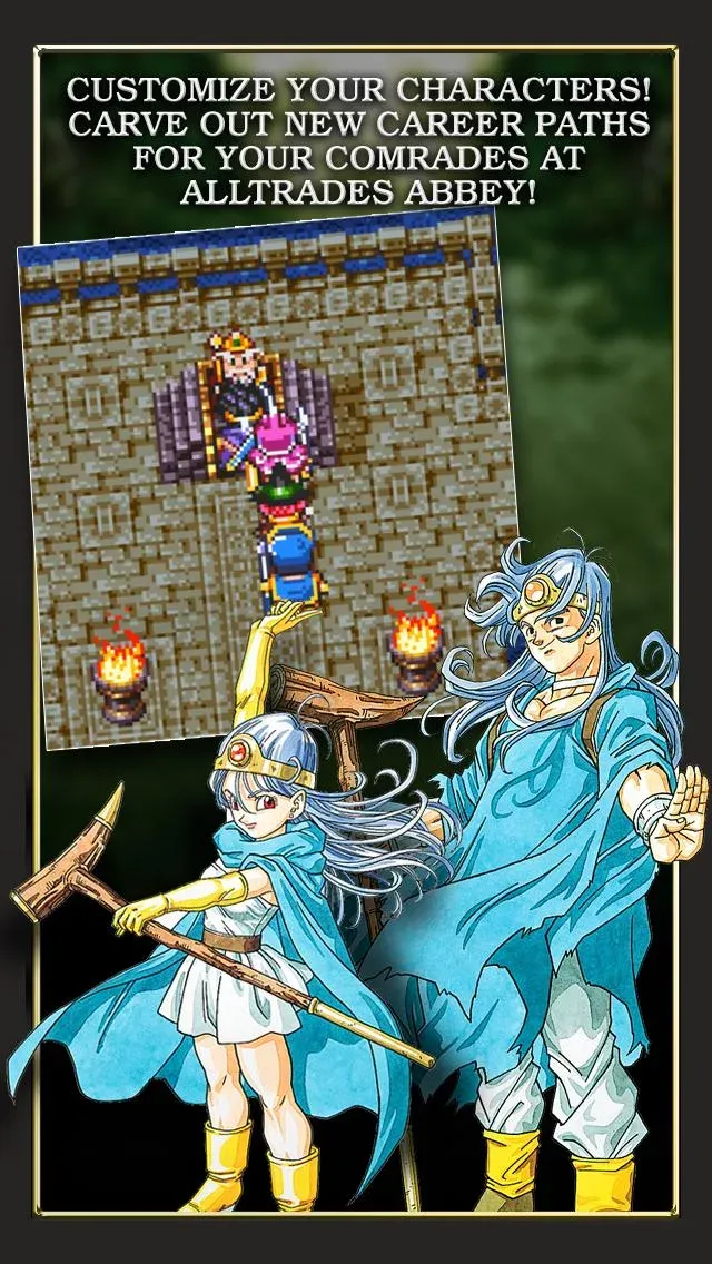 Nhóm nhân vật trong Dragon Quest III đang đứng trước một ngôi đền cổ, chuẩn bị cho cuộc phiêu lưu tiếp theo.