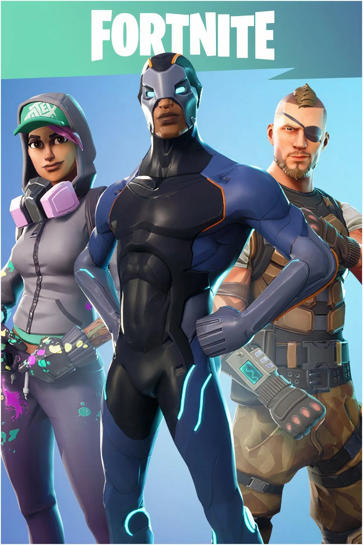 Nhóm nhân vật trong Fortnite nhảy dù từ Battle Bus xuống hòn đảo, minh họa lối chơi Battle Royale đầy tính cạnh tranh và những vật phẩm độc đáo.