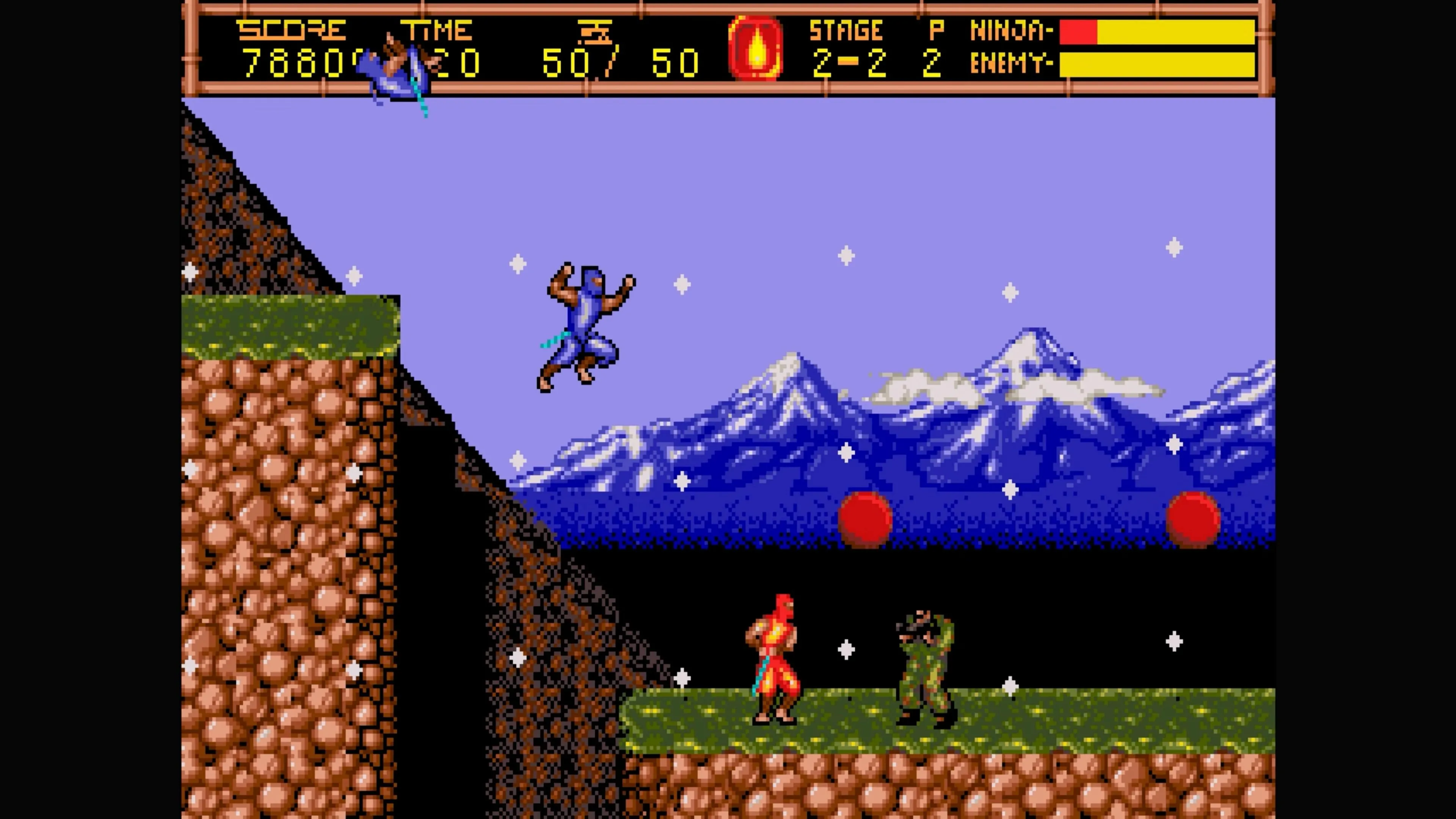 Ninja Gaiden 2 với Ryu Hayabusa đang nhảy khỏi vách đá, thể hiện kỹ năng di chuyển linh hoạt của nhân vật.