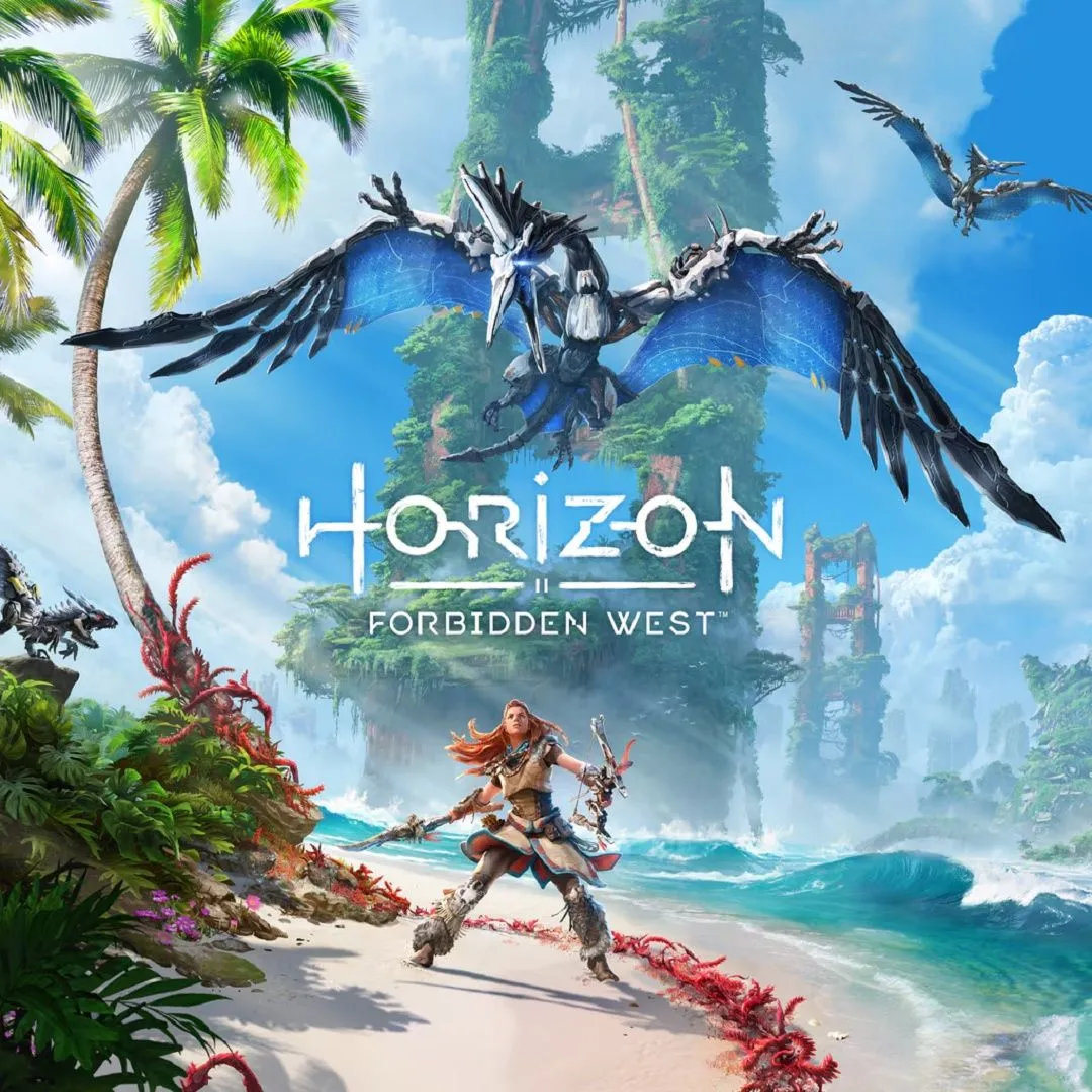 Nữ anh hùng Aloy đối mặt với một cỗ máy khổng lồ trong thế giới xanh tươi của Horizon Forbidden West, thể hiện đồ họa và thiết kế sinh vật ấn tượng.