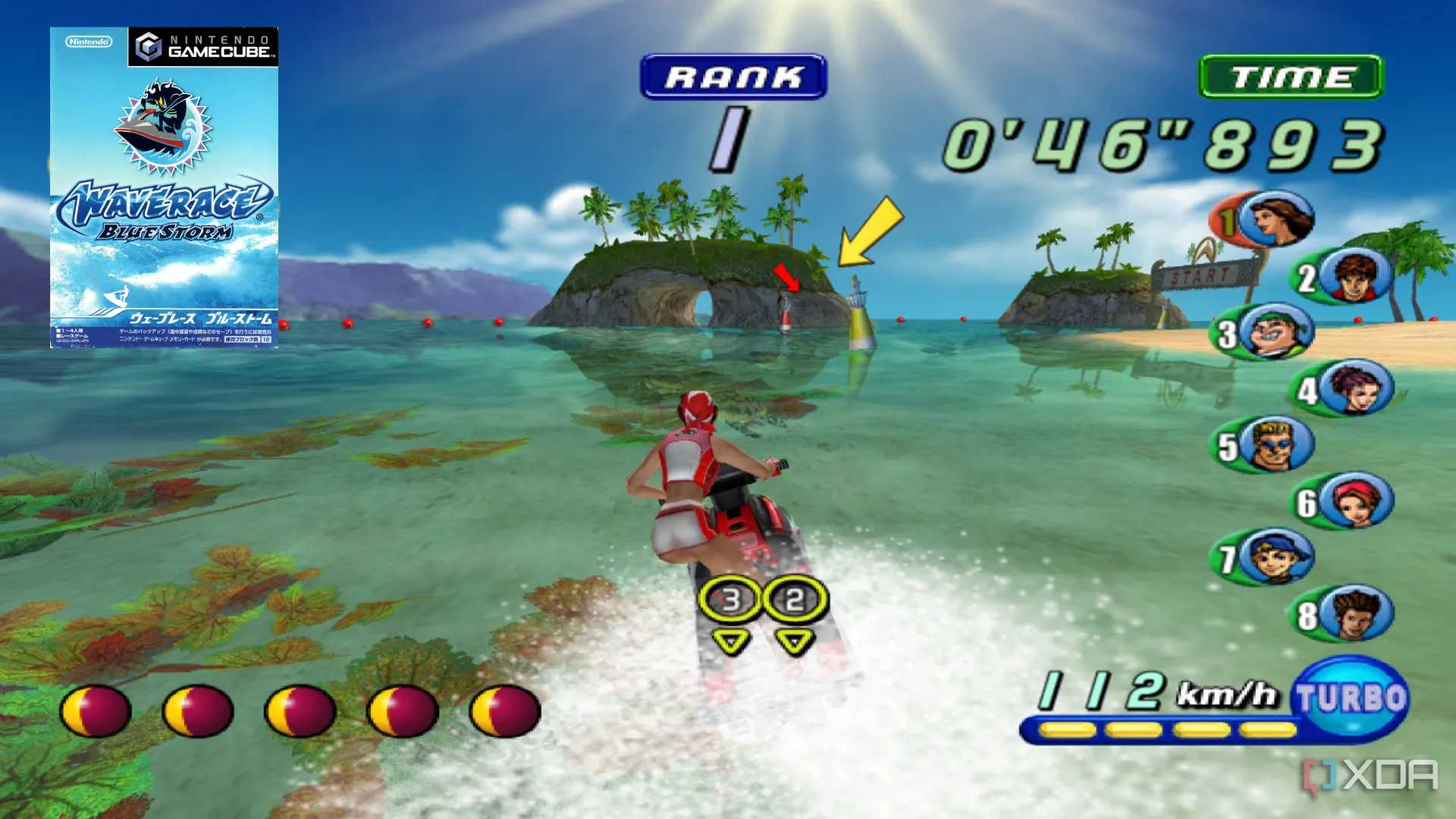 Nữ tay đua lướt sóng trên chiếc jet ski trong tựa game Wave Race: Blue Storm.