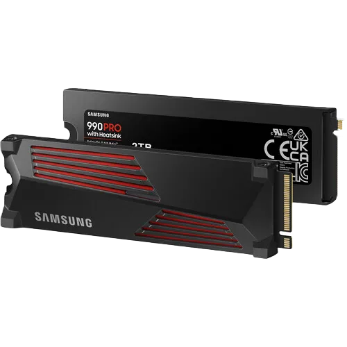 Ổ cứng SSD Samsung 990 Pro phiên bản có tản nhiệt tích hợp, một giải pháp làm mát hiệu quả cho các dòng SSD NVMe Gen4 hiệu năng cao.