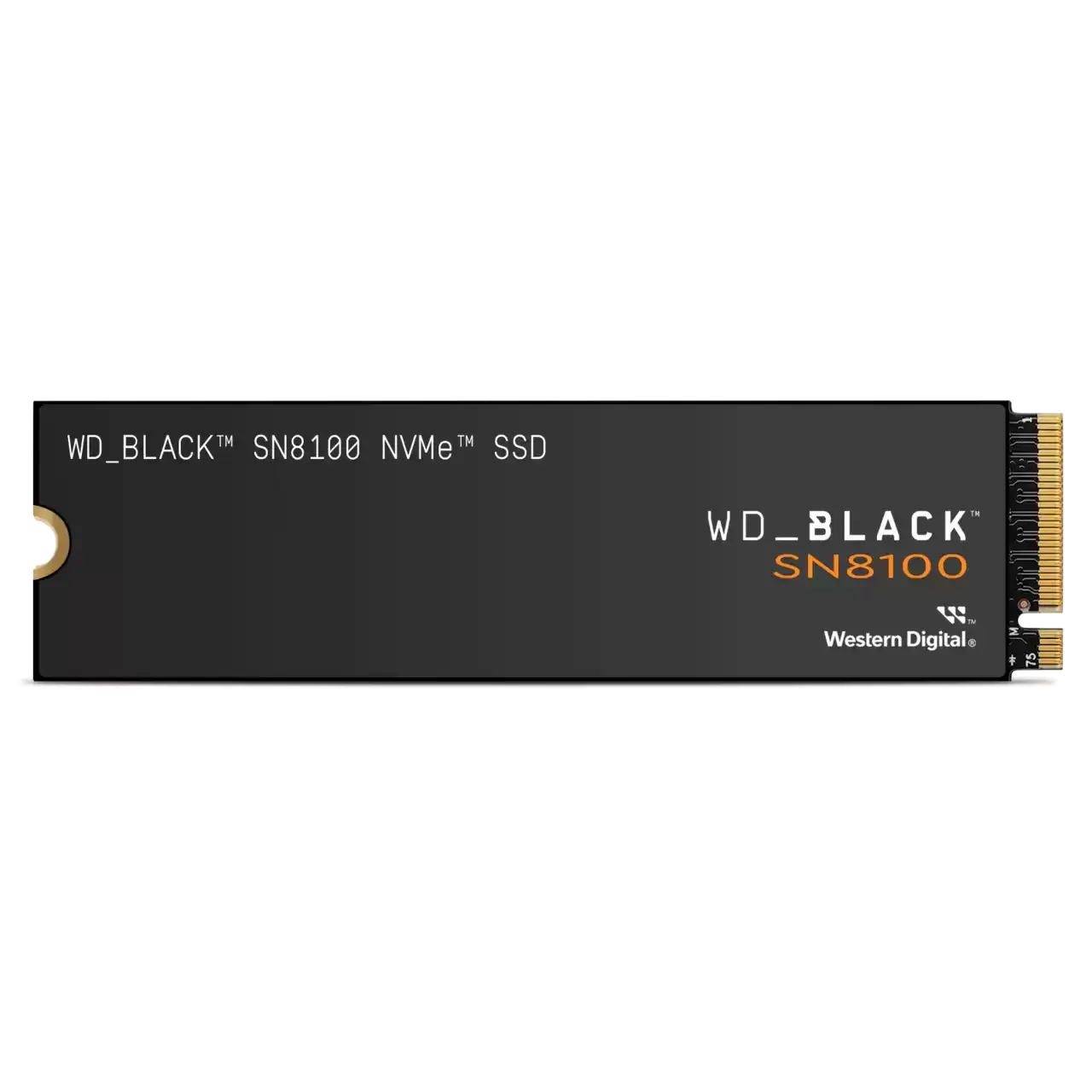 Ổ cứng WD_Black SN8100 NVMe SSD mặt trước, thể hiện logo WD_Black và thiết kế tiêu chuẩn M.2