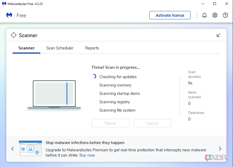 Phần mềm diệt virus Malwarebytes đang quét hệ thống máy tính, giúp phát hiện và loại bỏ các phần mềm độc hại gây laptop quá nhiệt