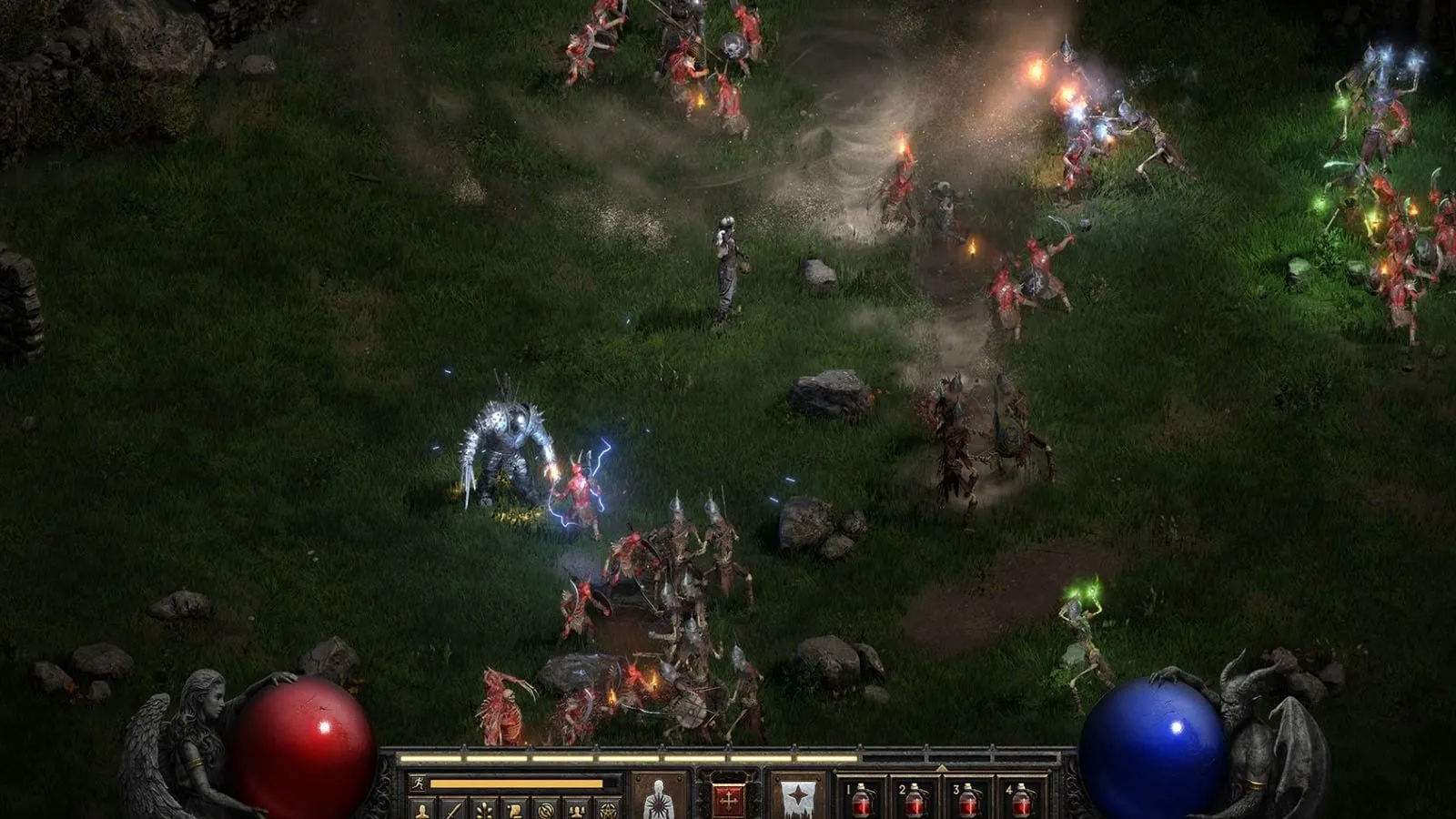 Phù thủy Diablo 2 Resurrected chiến đấu trên cánh đồng, thể hiện gameplay hành động RPG đặc trưng.