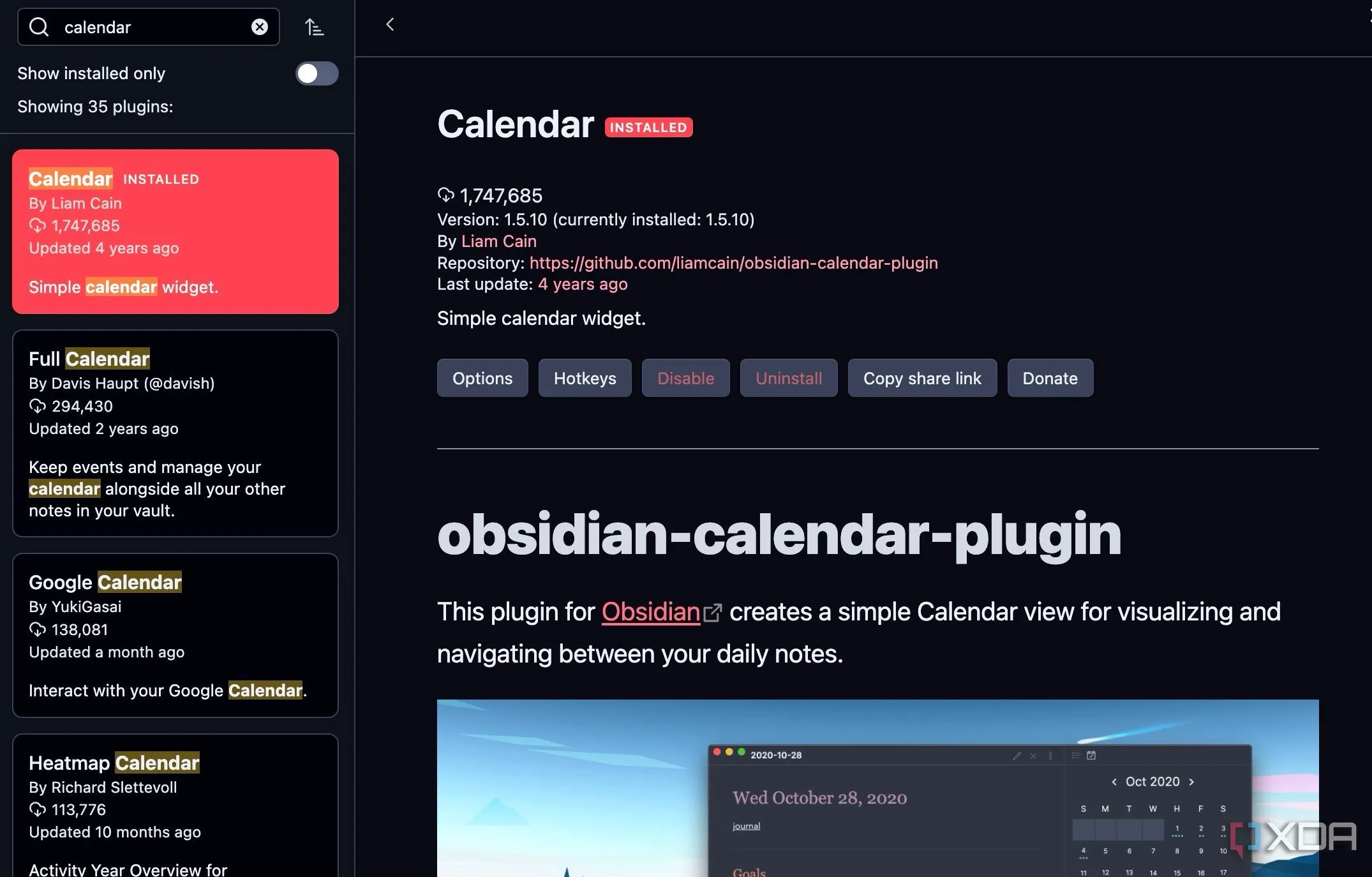 Plugin Lịch (Calendar) dành cho Obsidian, giúp tích hợp giao diện lịch vào không gian ghi chú của bạn
