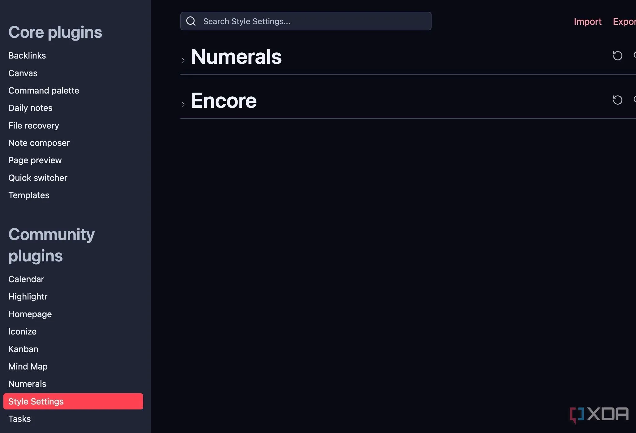 Plugin Style Settings trong danh sách plugin đã cài đặt của Obsidian, cho phép điều chỉnh các tùy chọn hiển thị số liệu