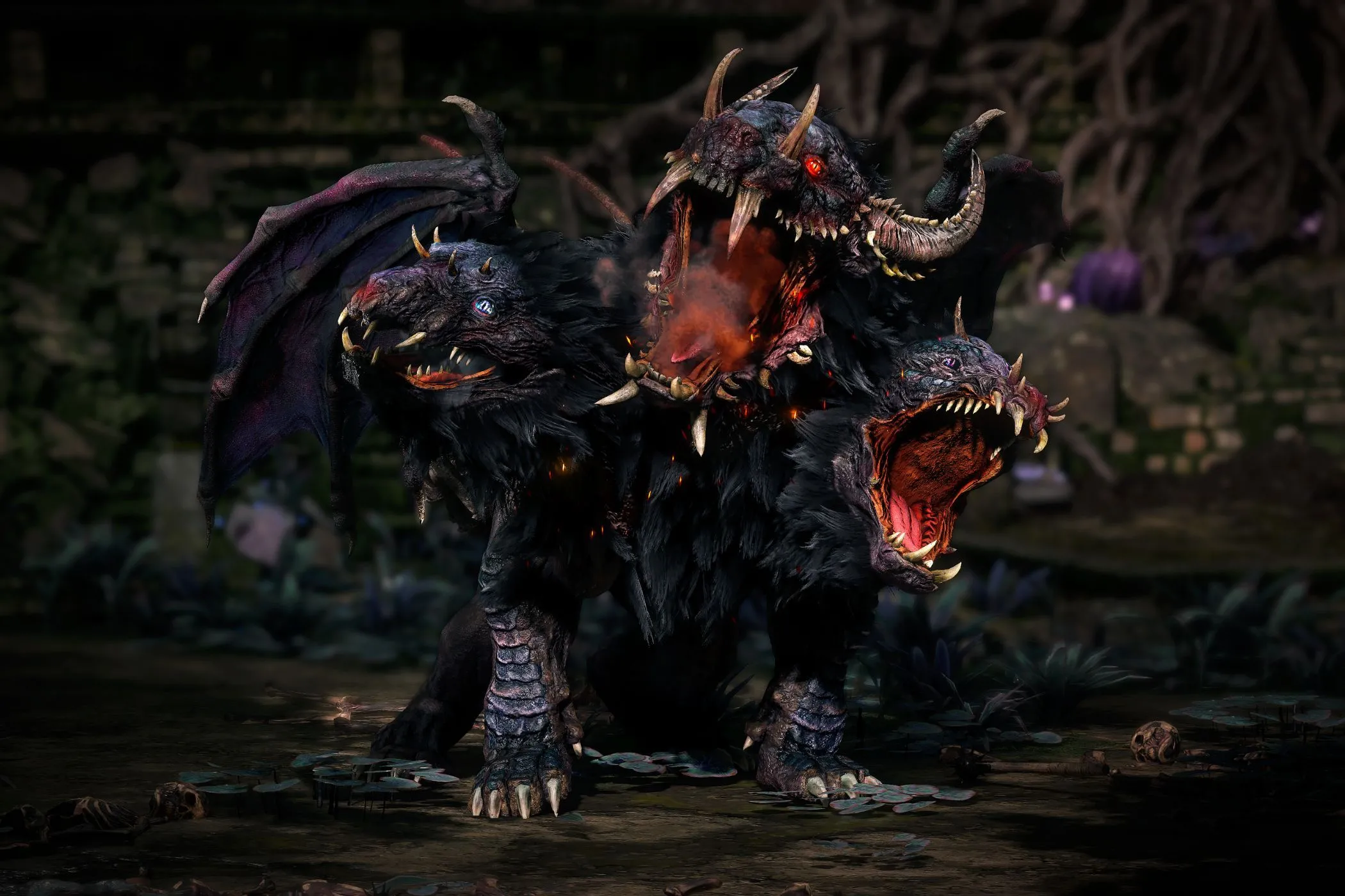 Quái vật chó ba đầu đang gầm gừ trong Path of Exile 2, minh họa đồ họa ấn tượng và không khí game.