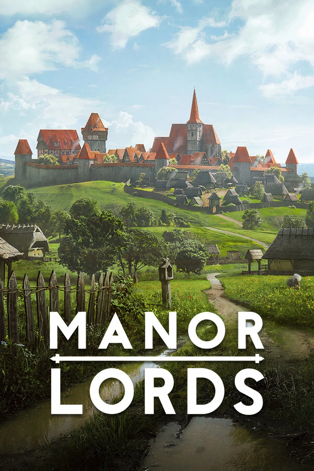Quang cảnh thị trấn thời trung cổ đang phát triển trong Manor Lords, với các công trình xây dựng chi tiết và khung cảnh nông thôn yên bình