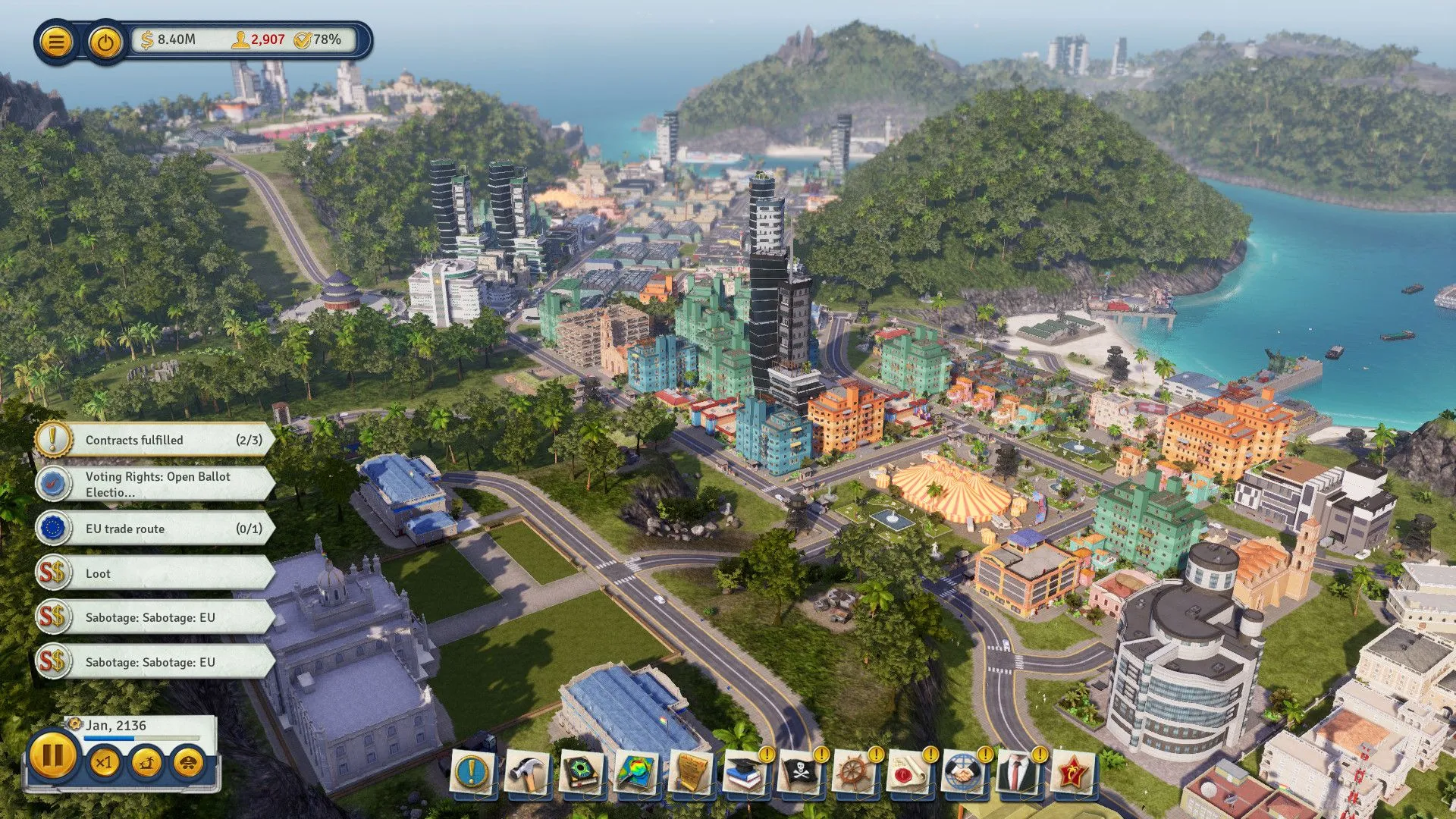 Quang cảnh tổng thể một hòn đảo trong Tropico 6, với sự pha trộn giữa thiên nhiên tươi đẹp và các công trình phát triển