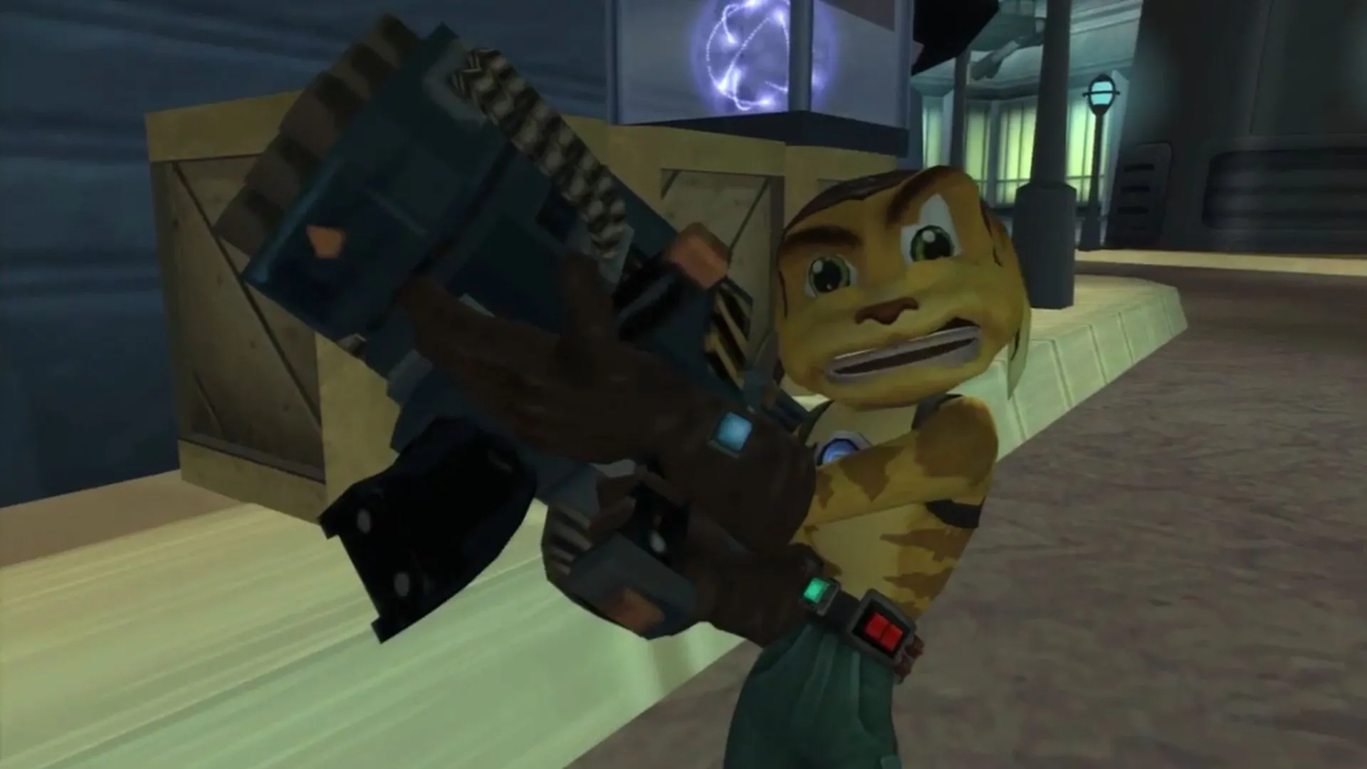 Ratchet đang cầm súng RYNO trong game Ratchet &amp; Clank