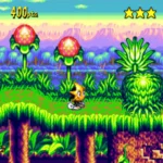 Ristar đang sử dụng cánh tay co giãn để tấn công trong màn chơi môi trường xanh tươi của game Ristar trên Sega Genesis
