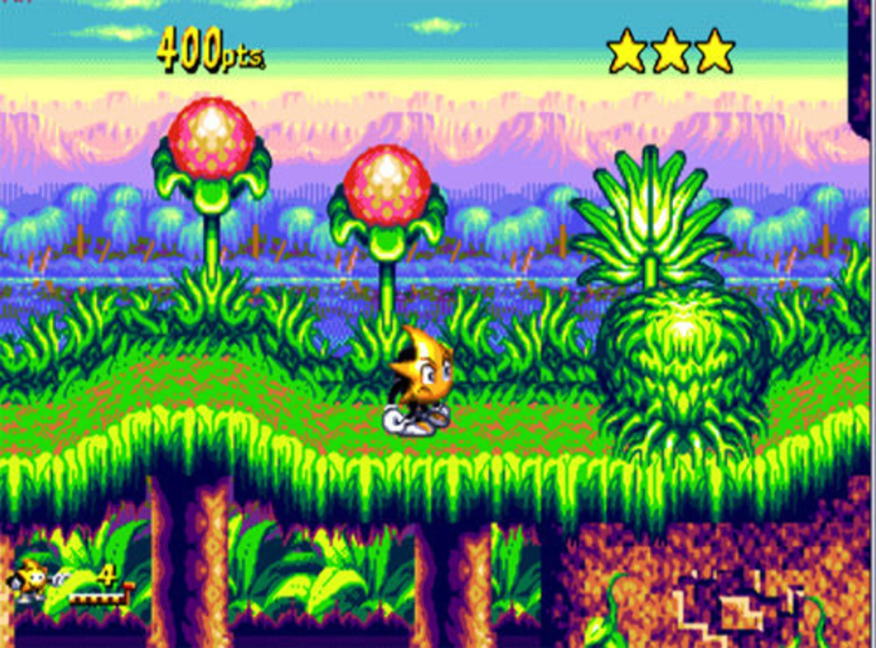 Ristar đang sử dụng cánh tay co giãn để tấn công trong màn chơi môi trường xanh tươi của game Ristar trên Sega Genesis