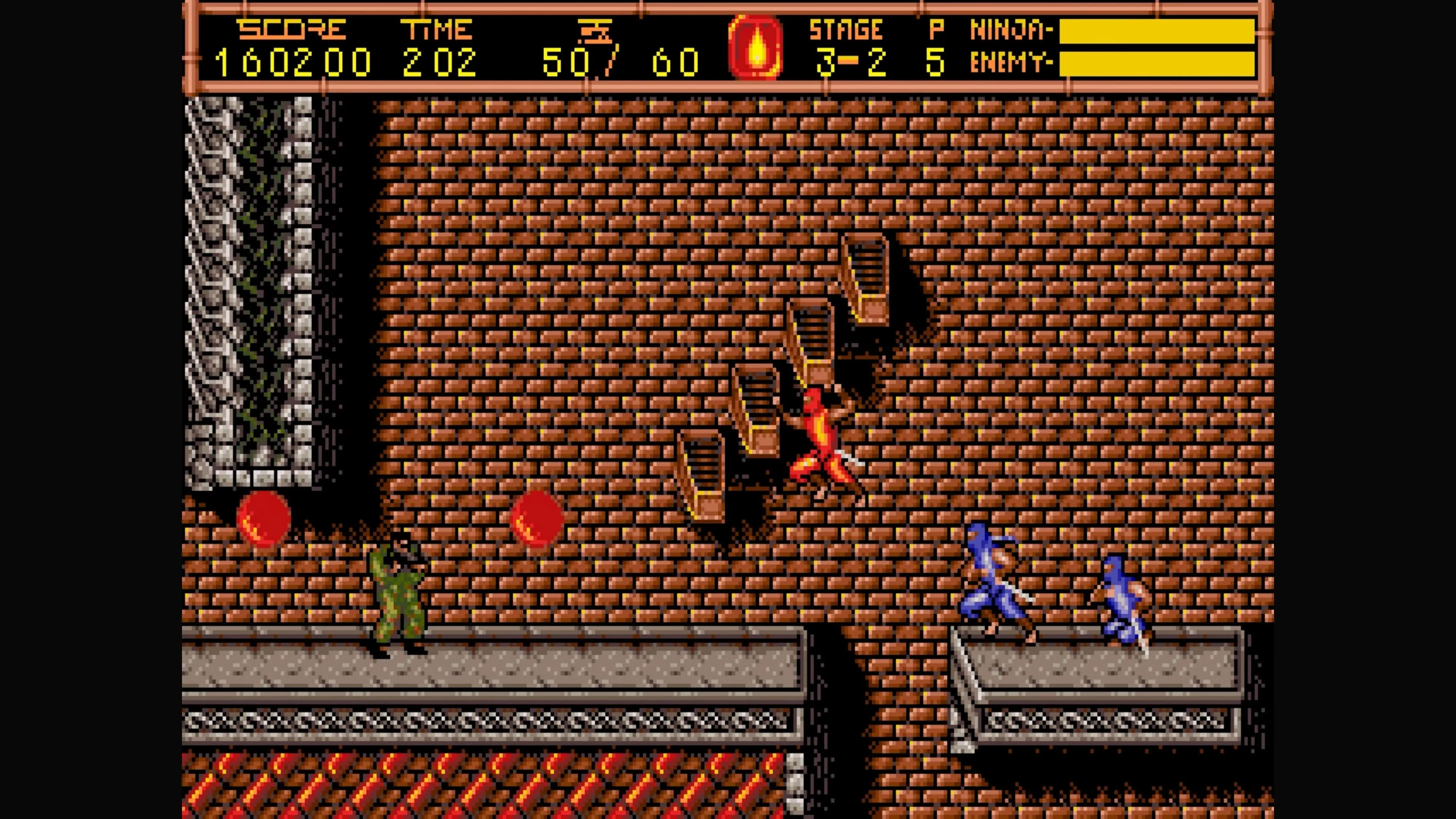 Ryu Hayabusa đang di chuyển qua một màn chơi platforming với tường gạch trong Ninja Gaiden 2, thể hiện khả năng nhảy tường.
