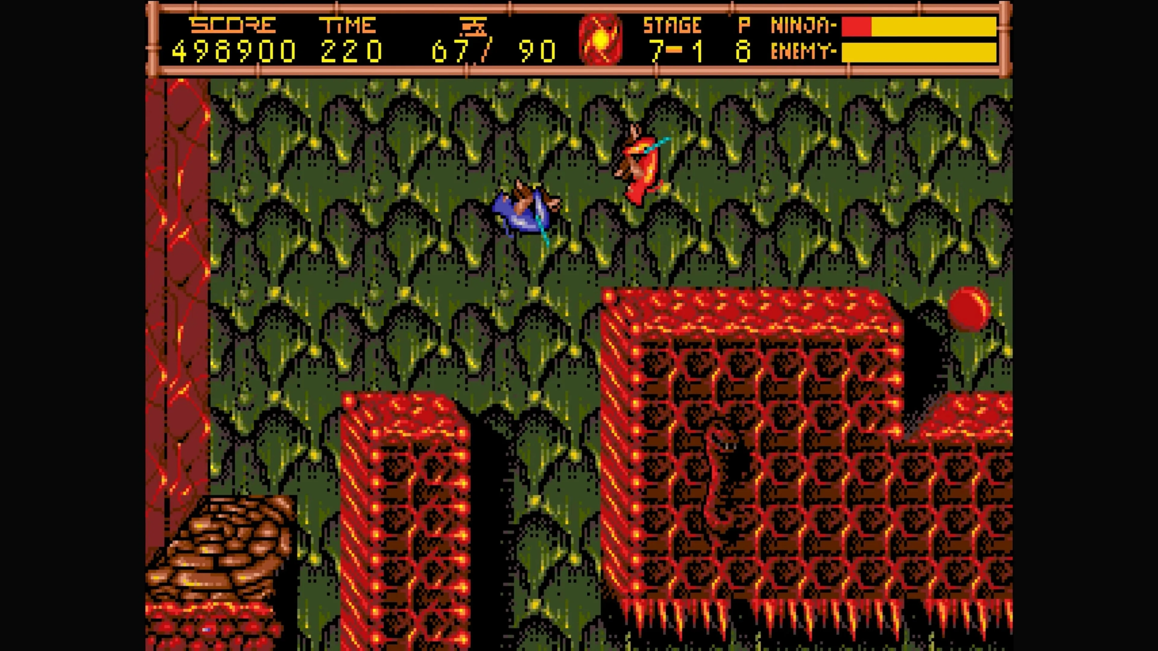 Ryu Hayabusa đang platforming trong khu rừng nhiệt đới của Ninja Gaiden 2, với môi trường cây cối rậm rạp.
