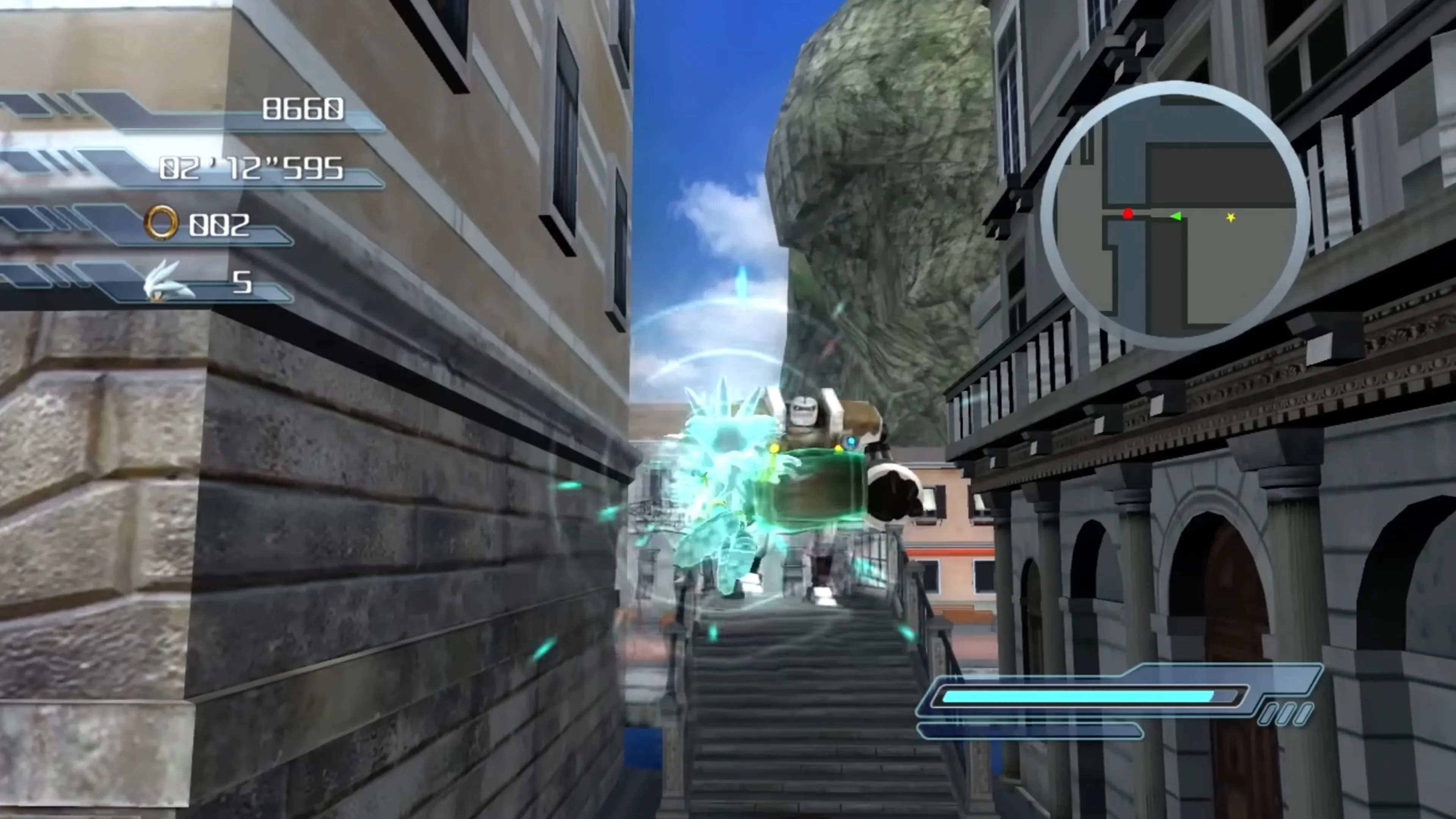 Silver the Hedgehog bay lượn qua một thành phố đổ nát trong Sonic (2006).