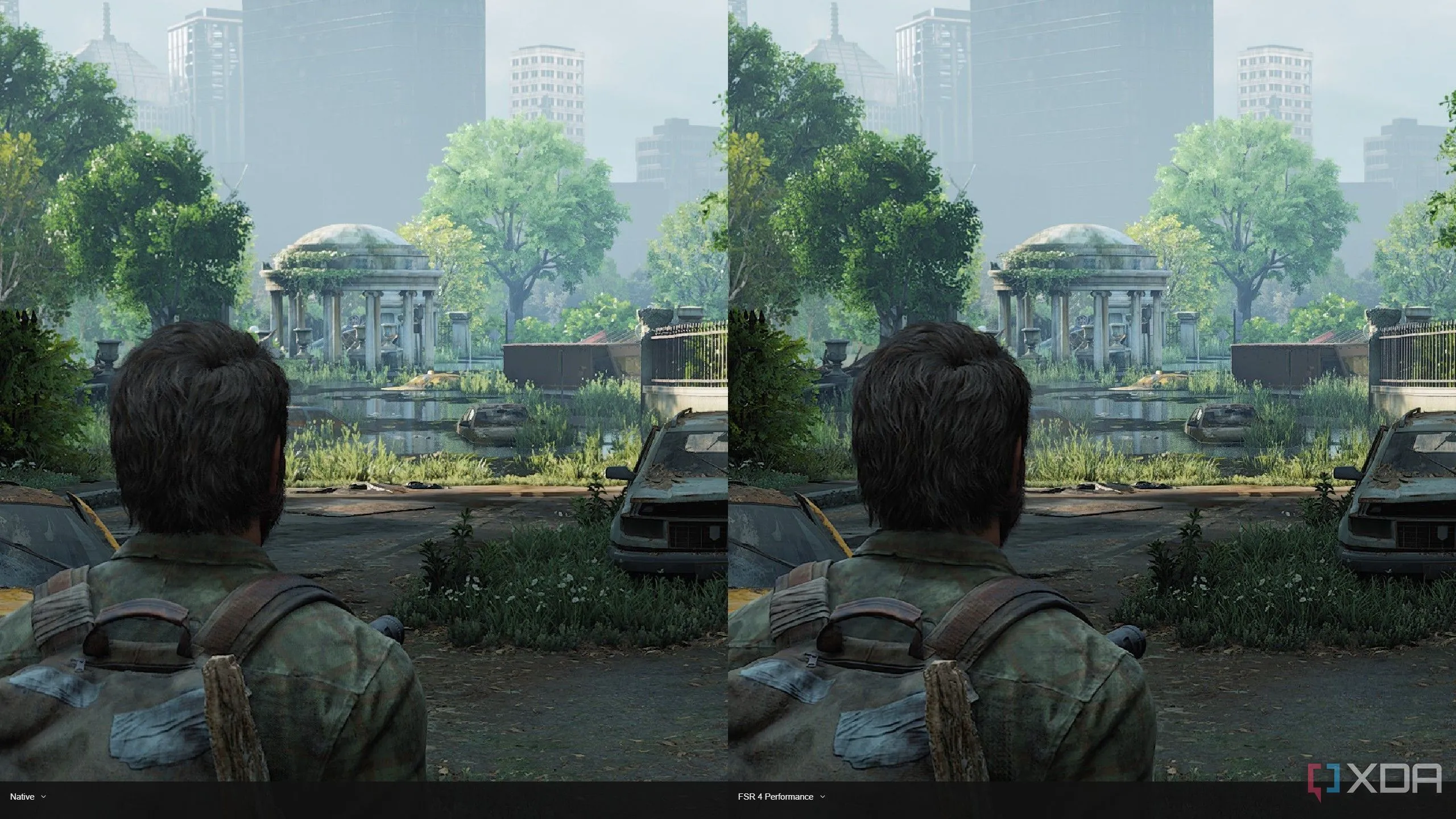 So sánh chi tiết đồ họa trong The Last of Us Part One với FSR 4 (phải) và độ phân giải gốc (trái), thể hiện khả năng giữ chi tiết của FSR 4.