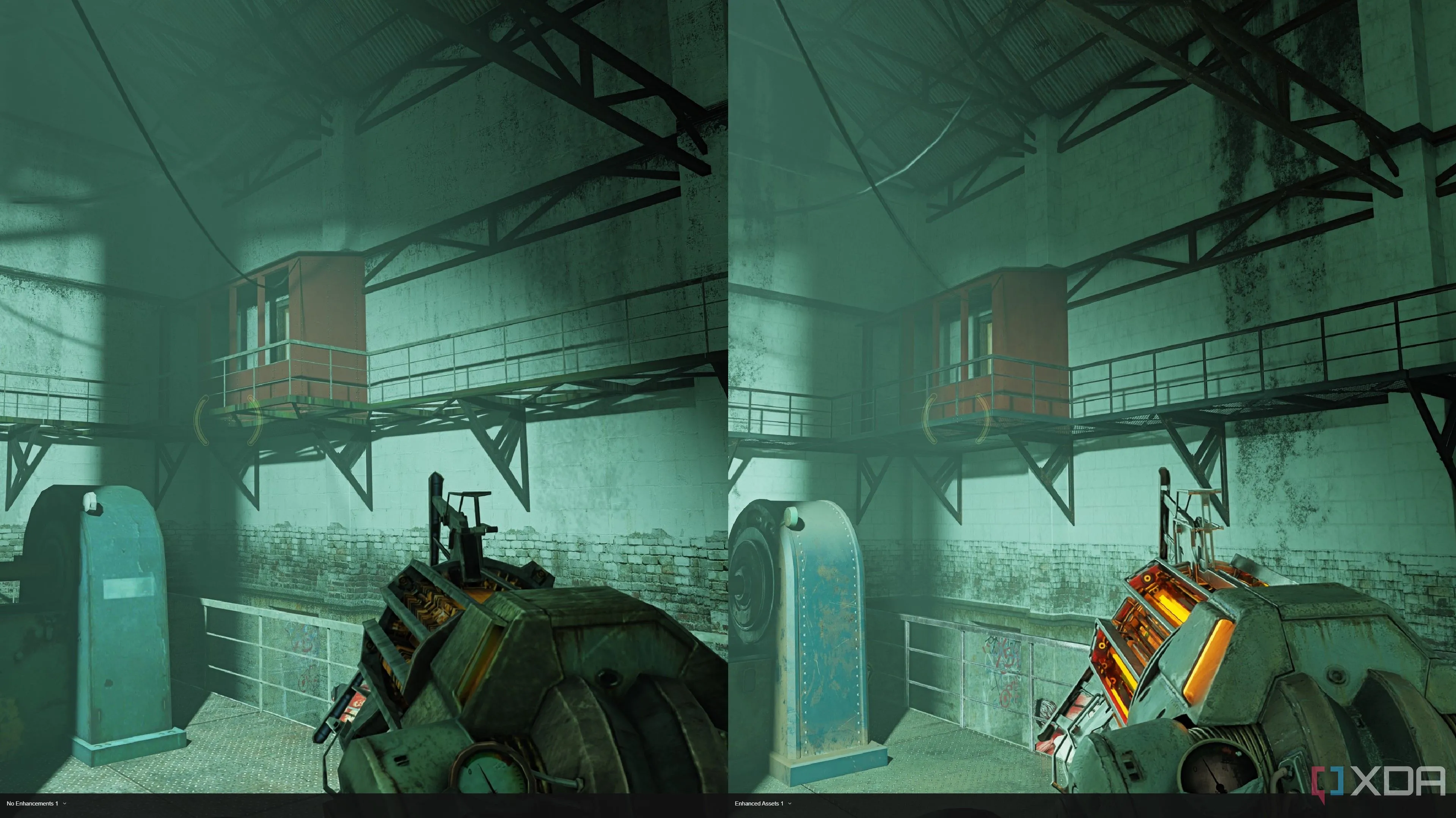 So sánh chi tiết súng Gravity Gun và sàn kim loại cho thấy sự khác biệt chất lượng vật thể trong Half-Life 2 RTX