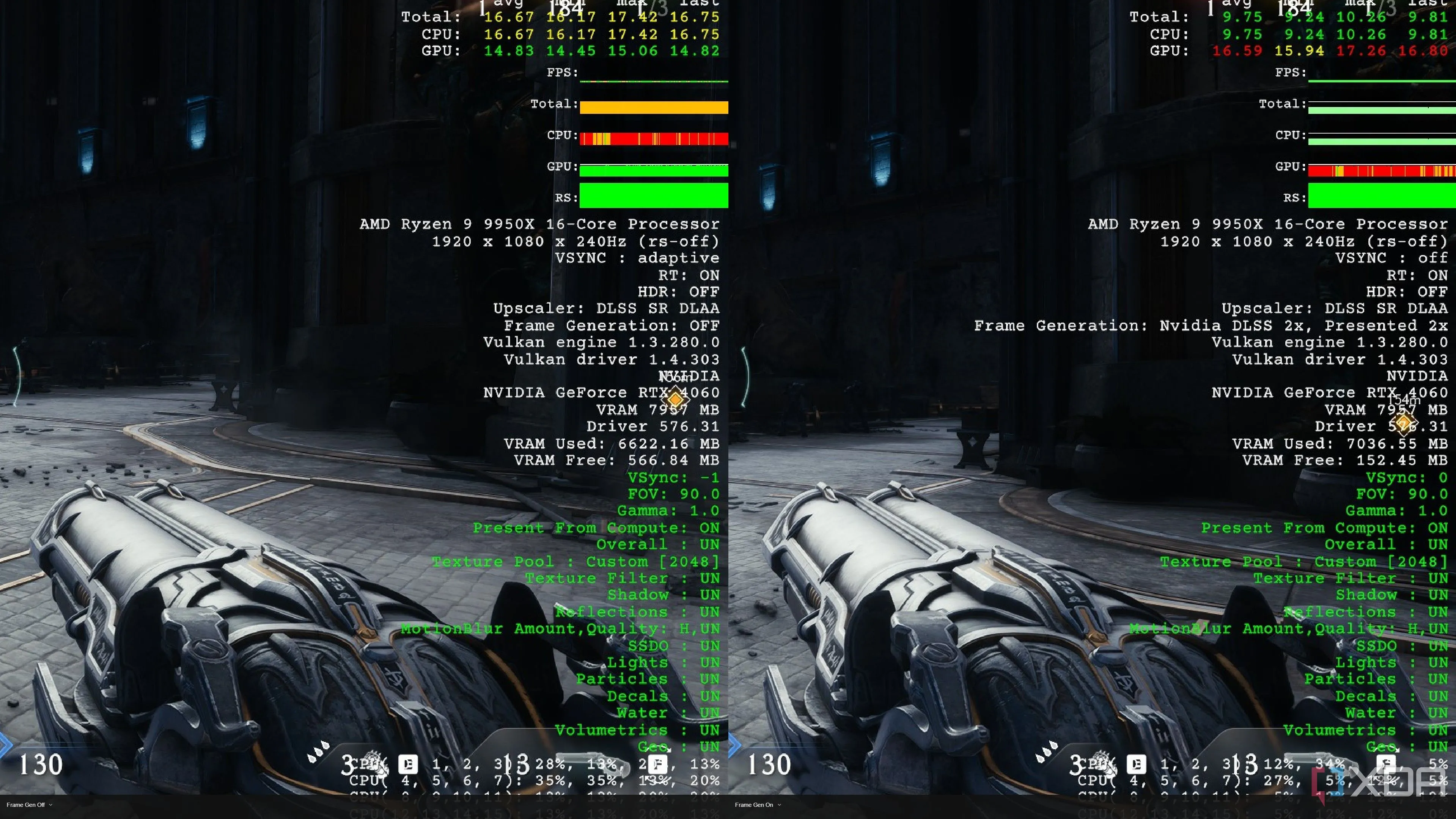 So sánh hiệu năng với Frame Generation bật và tắt trên RTX 4060 trong Doom The Dark Ages