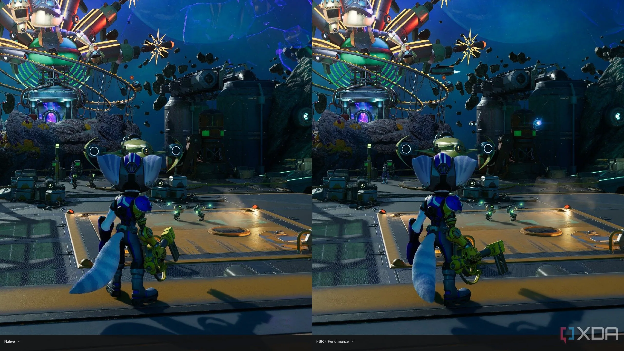 So sánh hình ảnh trong game Ratchet and Clank: Rift Apart giữa độ phân giải gốc (trái) và khi bật FSR 4 Performance Mode (phải), cho thấy chất lượng hình ảnh tương đồng.