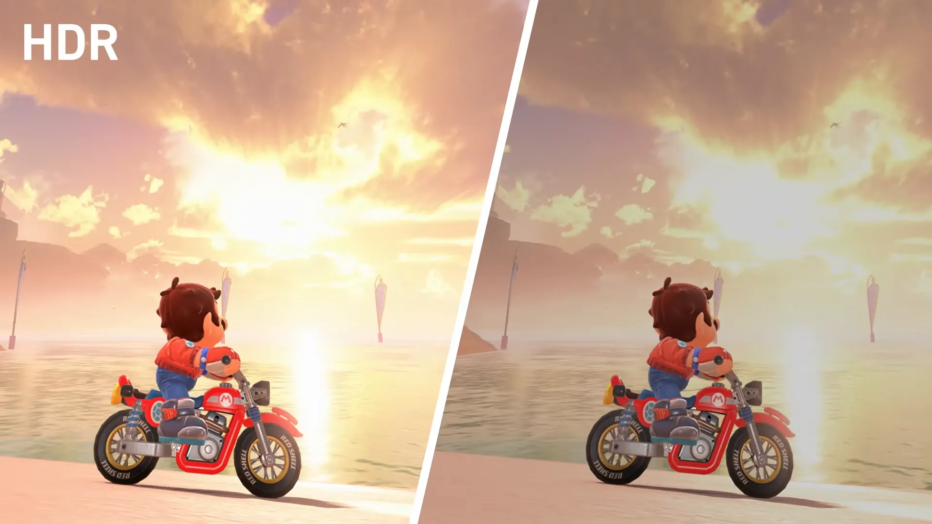 Sự khác biệt hình ảnh khi bật/tắt HDR trong game Mario Kart trên Nintendo Switch 2, nổi bật màu sắc và độ tương phản cải thiện.