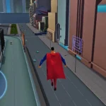 Superman bay lượn trên bầu trời Metropolis trong tựa game Superman: Shadow of Apokolips với đồ họa cel-shaded đặc trưng.