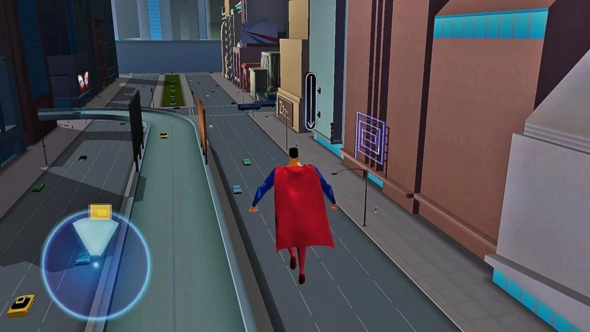 Superman bay lượn trên bầu trời Metropolis trong tựa game Superman: Shadow of Apokolips với đồ họa cel-shaded đặc trưng.