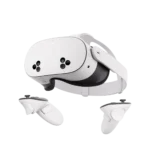 Tai nghe Meta Quest 3S màu trắng đi kèm bộ điều khiển cầm tay, nổi bật với thiết kế hiện đại