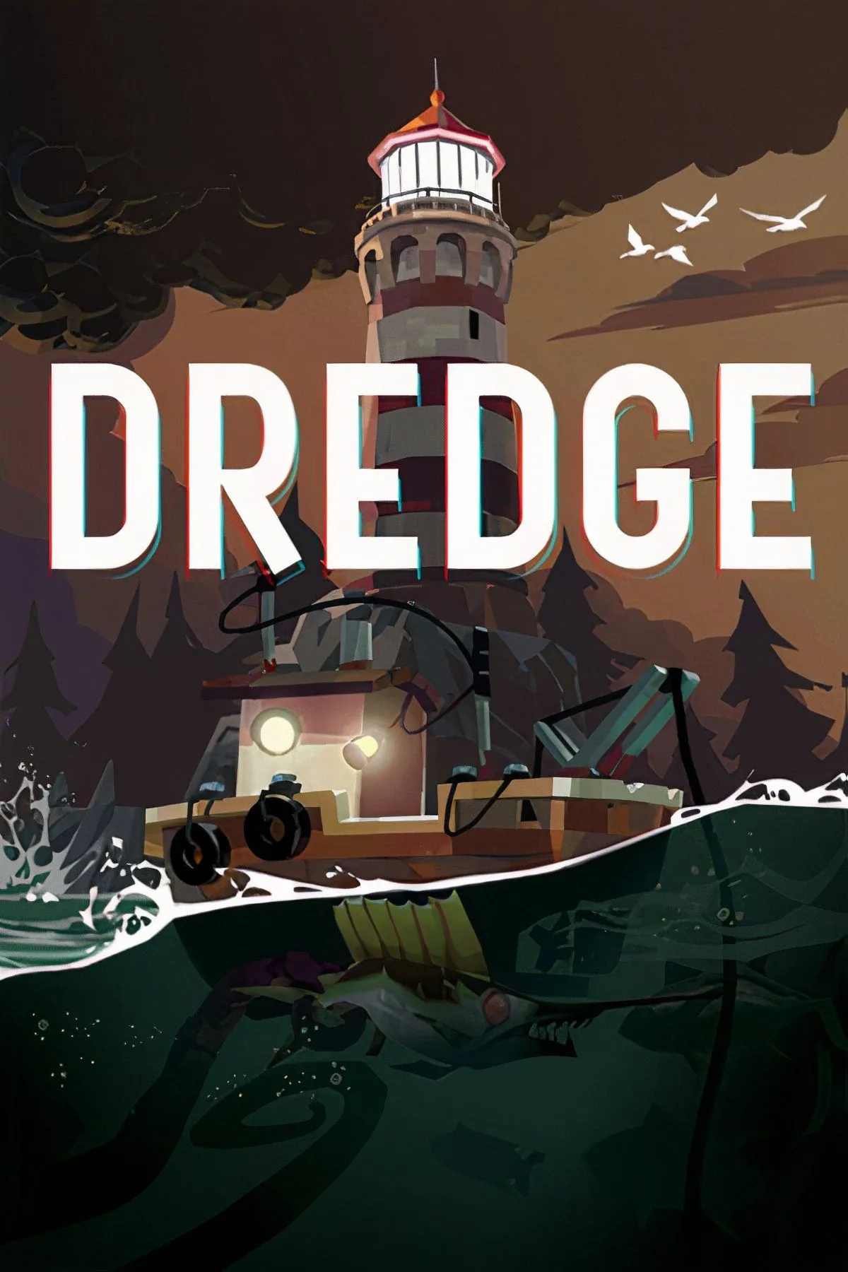Tàu đánh cá trong game Dredge lênh đênh trên biển tối