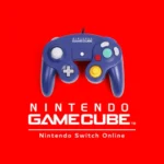 Tay cầm Nintendo GameCube mô phỏng, biểu tượng NSO và logo GameCube trên nền đen, minh họa GameCube Classics trên Nintendo Switch Online.
