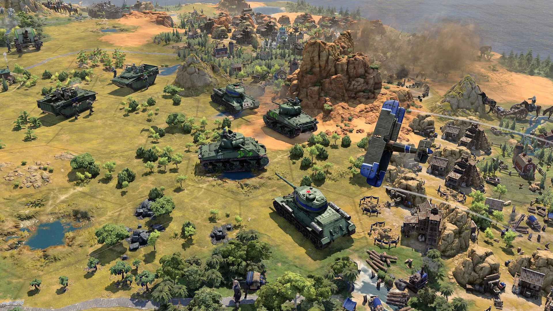Thành phố Civilization 7 dưới ánh hoàng hôn, với các công trình hiện đại và cổ điển hòa quyện, phản ánh sự tiến bộ qua các thời đại