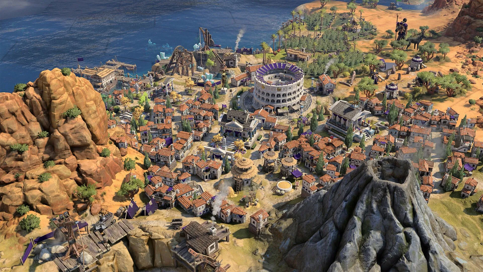 Thành phố cổ đại bên bờ biển trong game chiến thuật Civilization VII