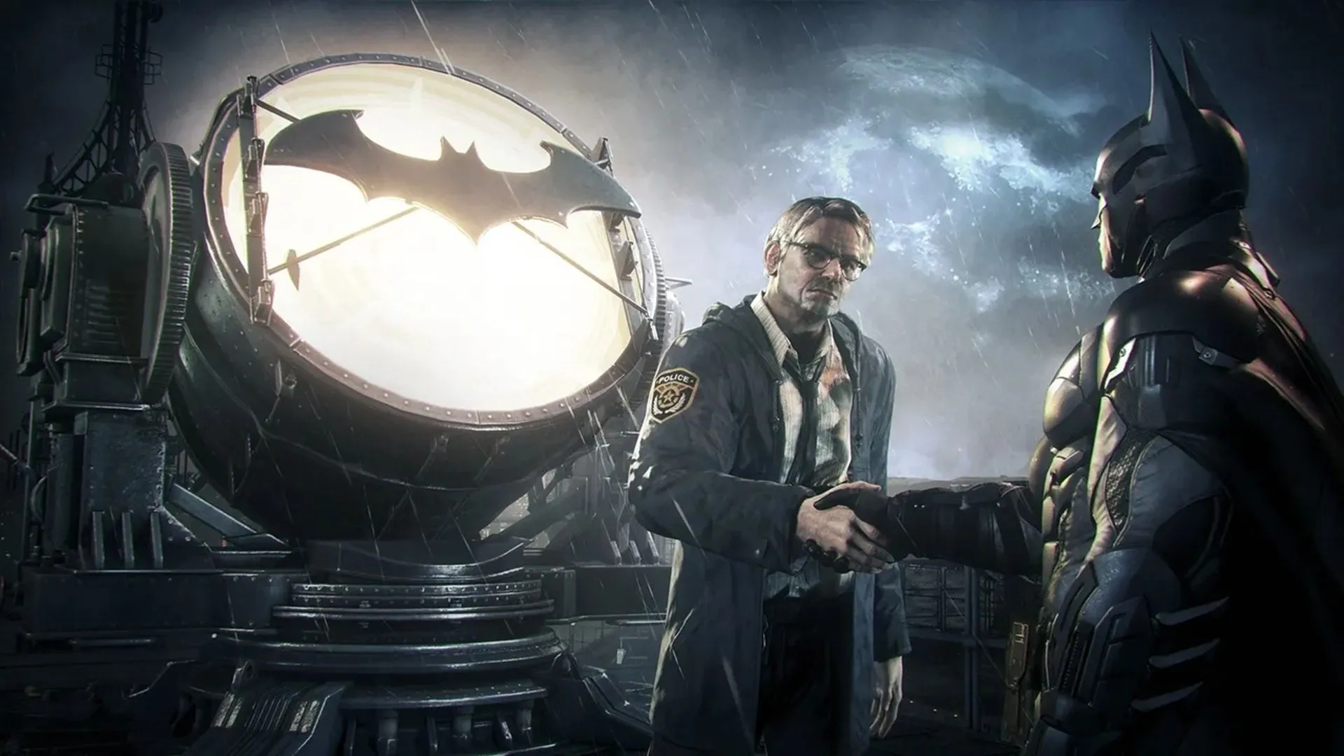 Thành phố Gotham trong Batman: Arkham Knight với kiến trúc Gothic u ám, tái hiện chân thực không khí đặc trưng của vũ trụ Người Dơi