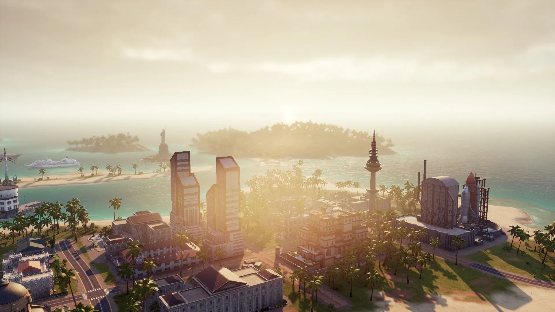 Thành phố trên đảo nhiệt đới Tropico 6 với kiến trúc thuộc địa và các công trình hiện đại, thể hiện sự phát triển kinh tế