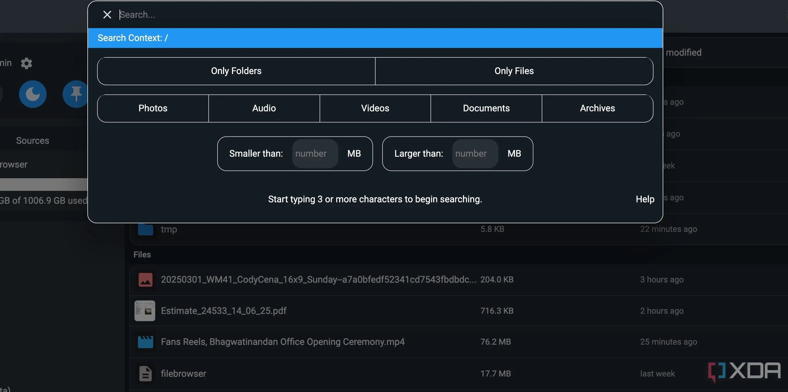 Thanh tìm kiếm FileBrowser Quantum
