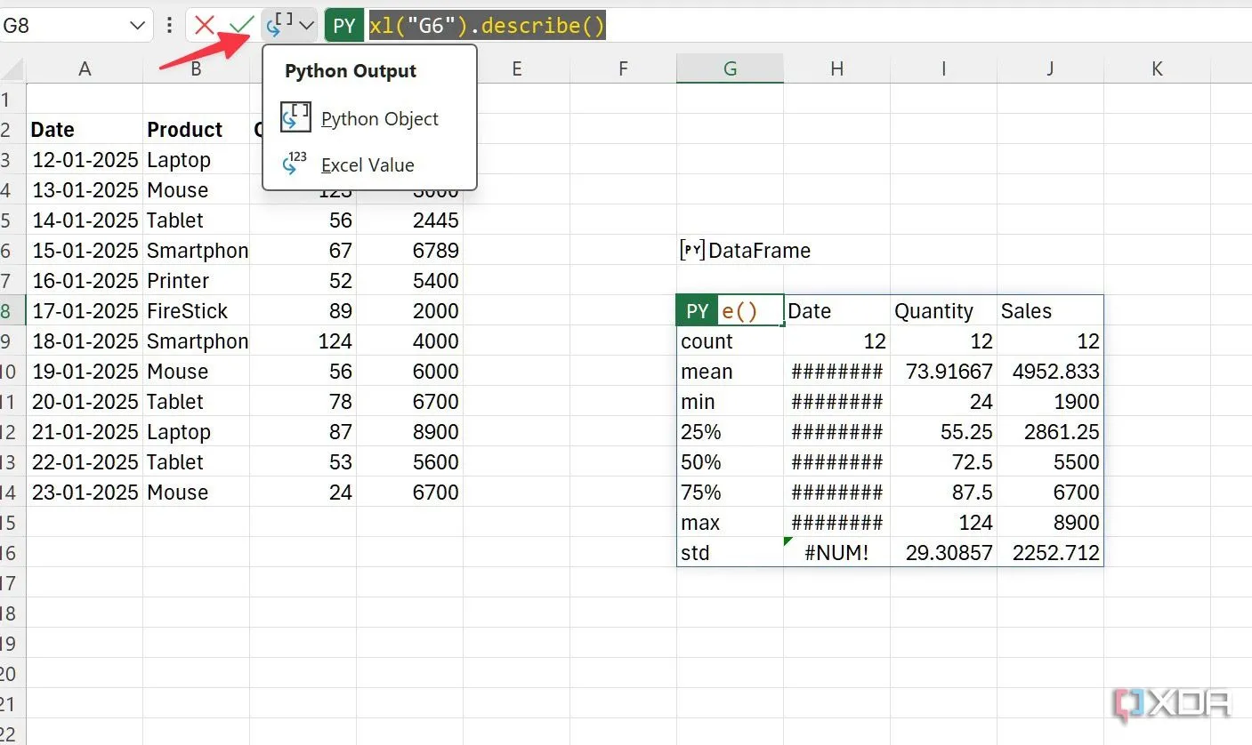 Thay đổi định dạng hiển thị kết quả Python từ Python Object sang Excel Value trong Excel