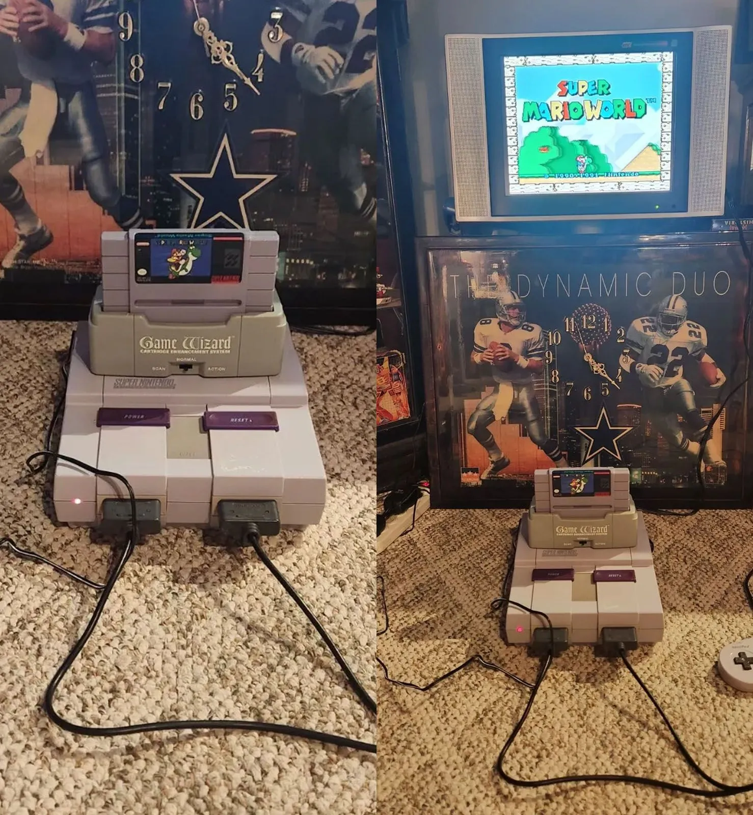 Thiết bị Game Wizard được kết nối với máy chơi game SNES và hiển thị trên TV