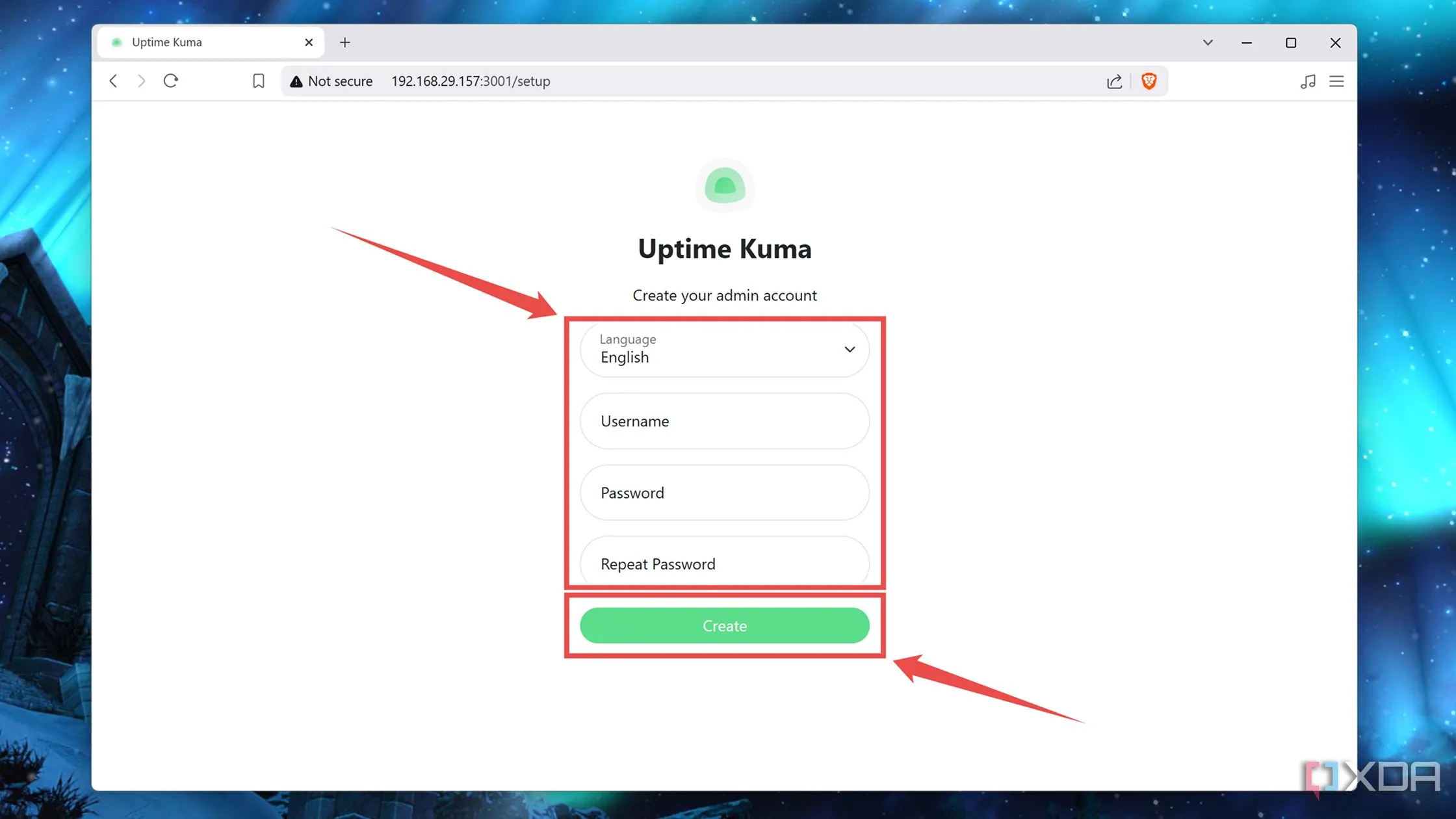 Thiết lập tài khoản người dùng ban đầu trên giao diện web Uptime Kuma
