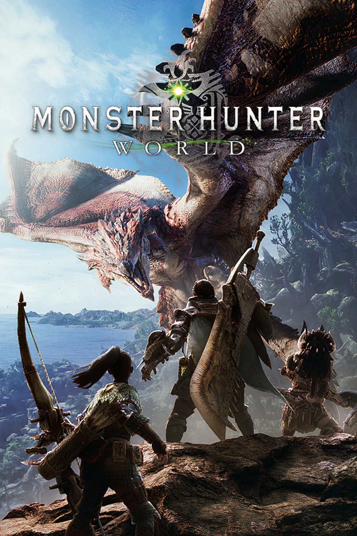 Thợ săn đối đầu với quái vật Nergigante trong bối cảnh hùng vĩ của Monster Hunter World, làm nổi bật quy mô game