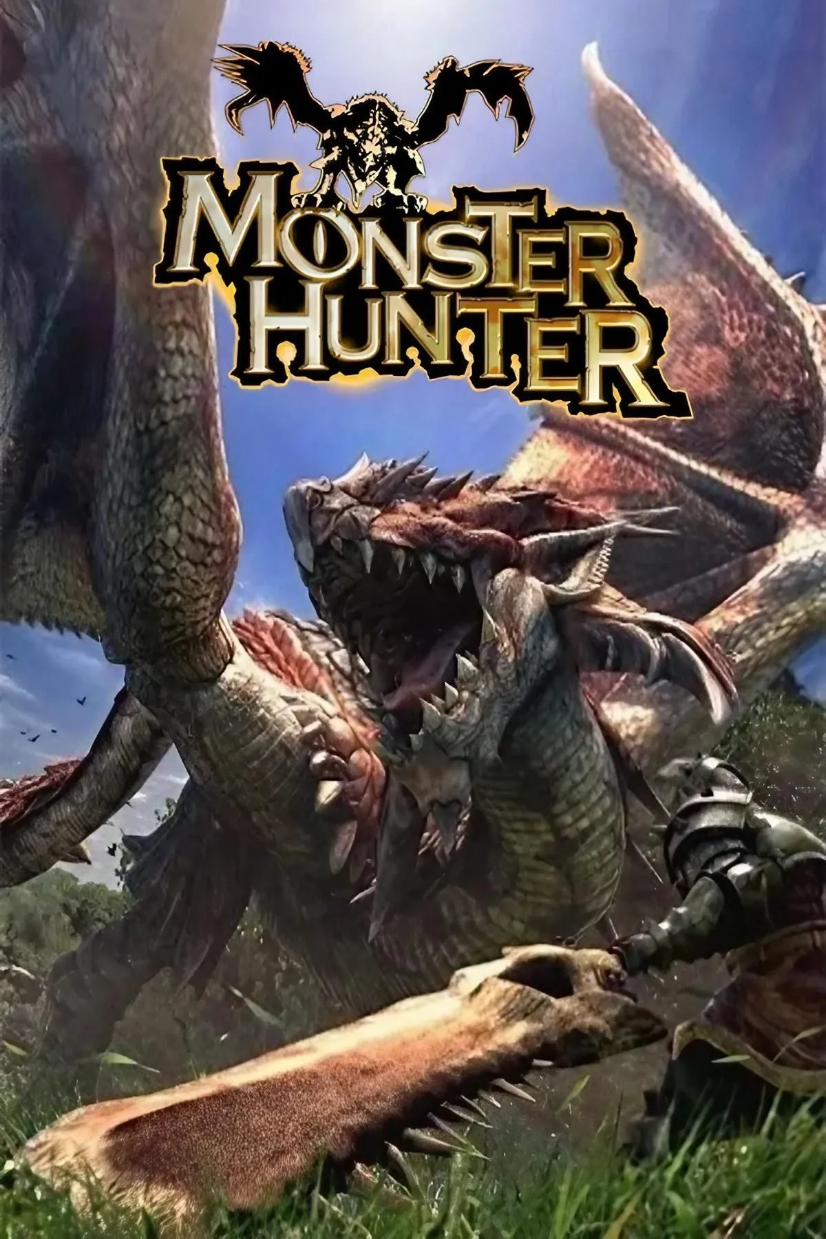 Thợ săn đối mặt với quái vật rồng lớn trong game Monster Hunter cổ điển.