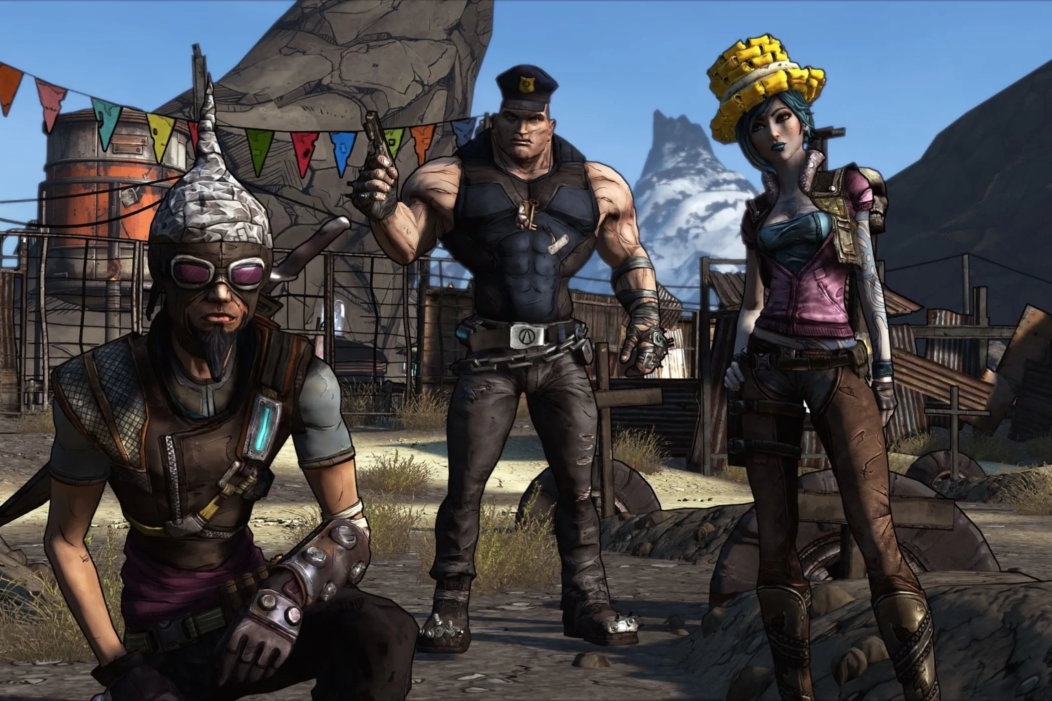 thợ săn hầm mộ Borderlands đứng với mũ kỳ lạ