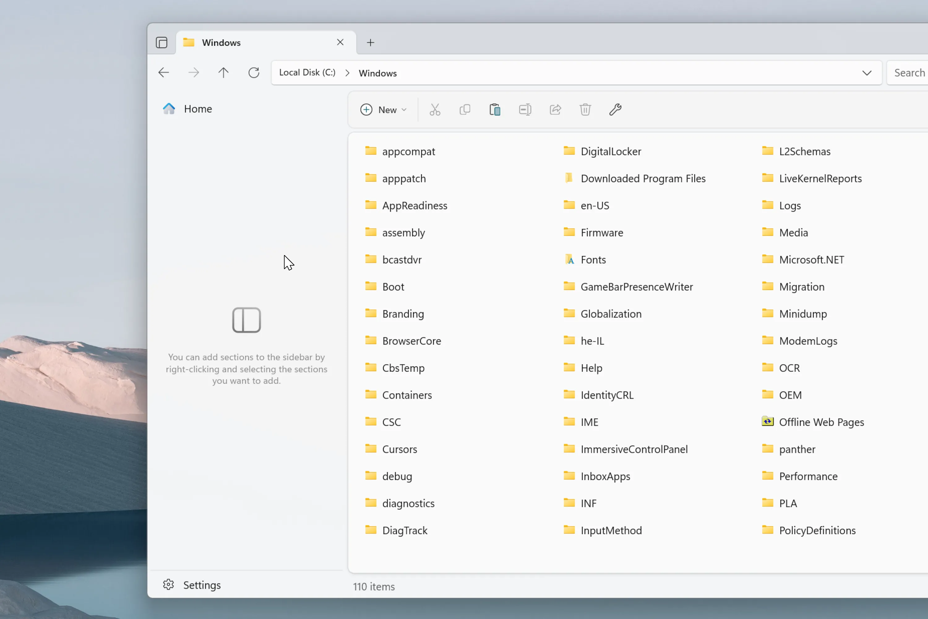 Thông báo hướng dẫn sử dụng thanh bên (sidebar) khi trống trong Files App, giúp người dùng tùy biến giao diện.