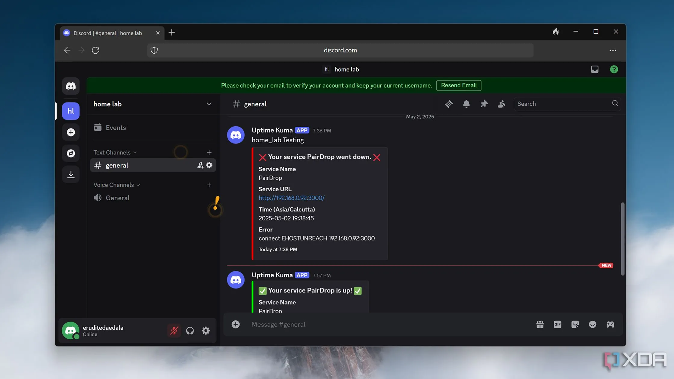 Thông báo trạng thái dịch vụ từ Uptime Kuma hiển thị trên kênh Discord