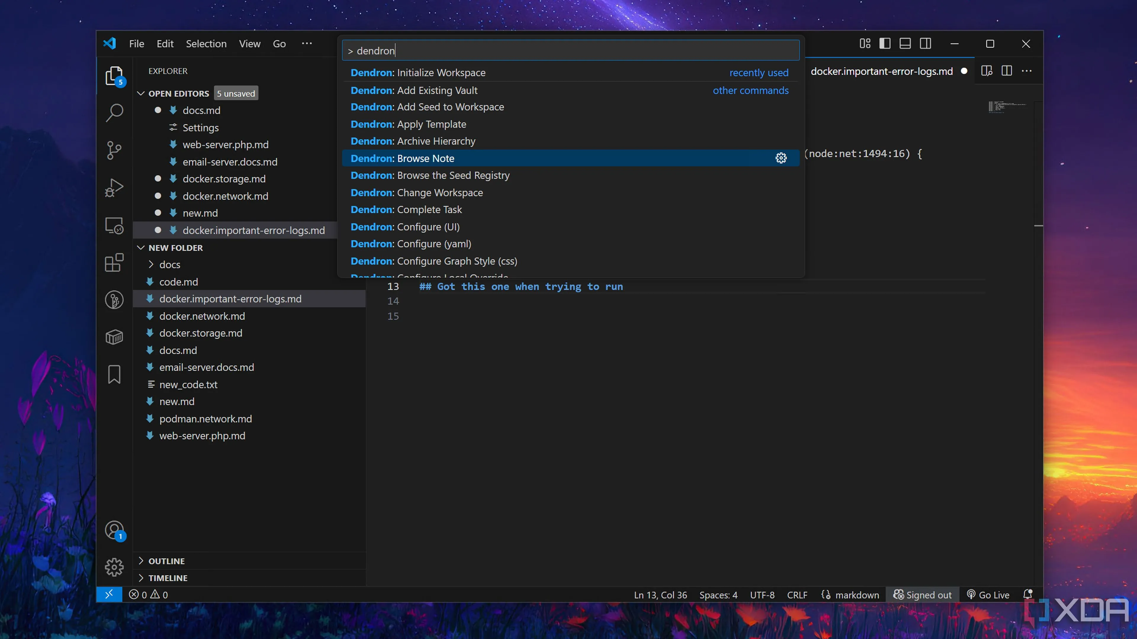 Thực thi các lệnh nâng cao của Dendron trực tiếp trong Visual Studio Code