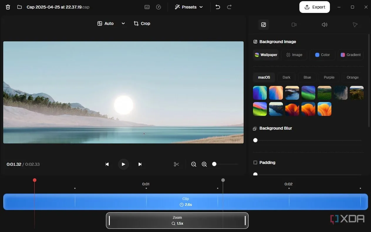 Tính năng chỉnh sửa video tích hợp của Cap với hiệu ứng zoom và tùy chỉnh nền