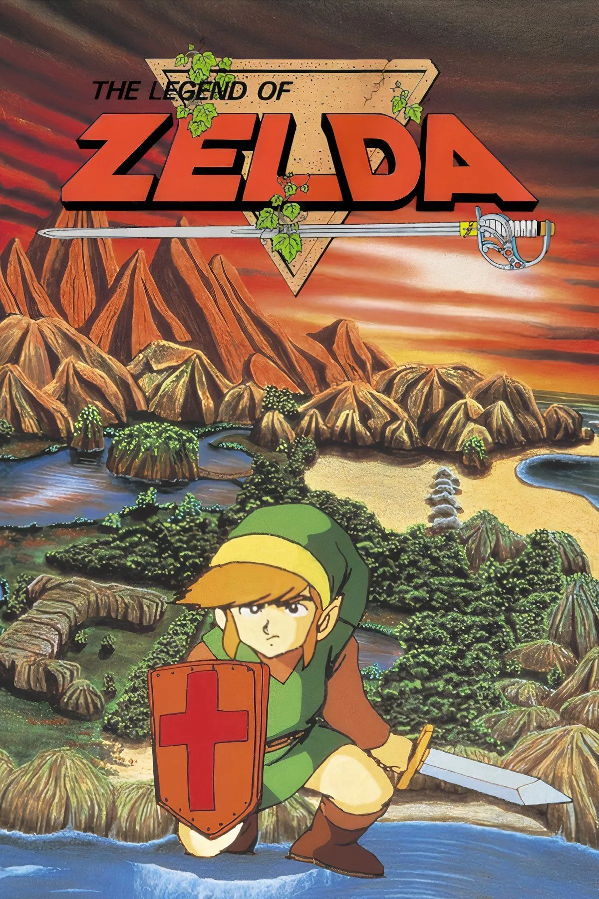 Tổng hợp các cảnh chơi game từ The Legend of Zelda trên NES, thể hiện đồ họa pixel và các khu vực khám phá khác nhau.