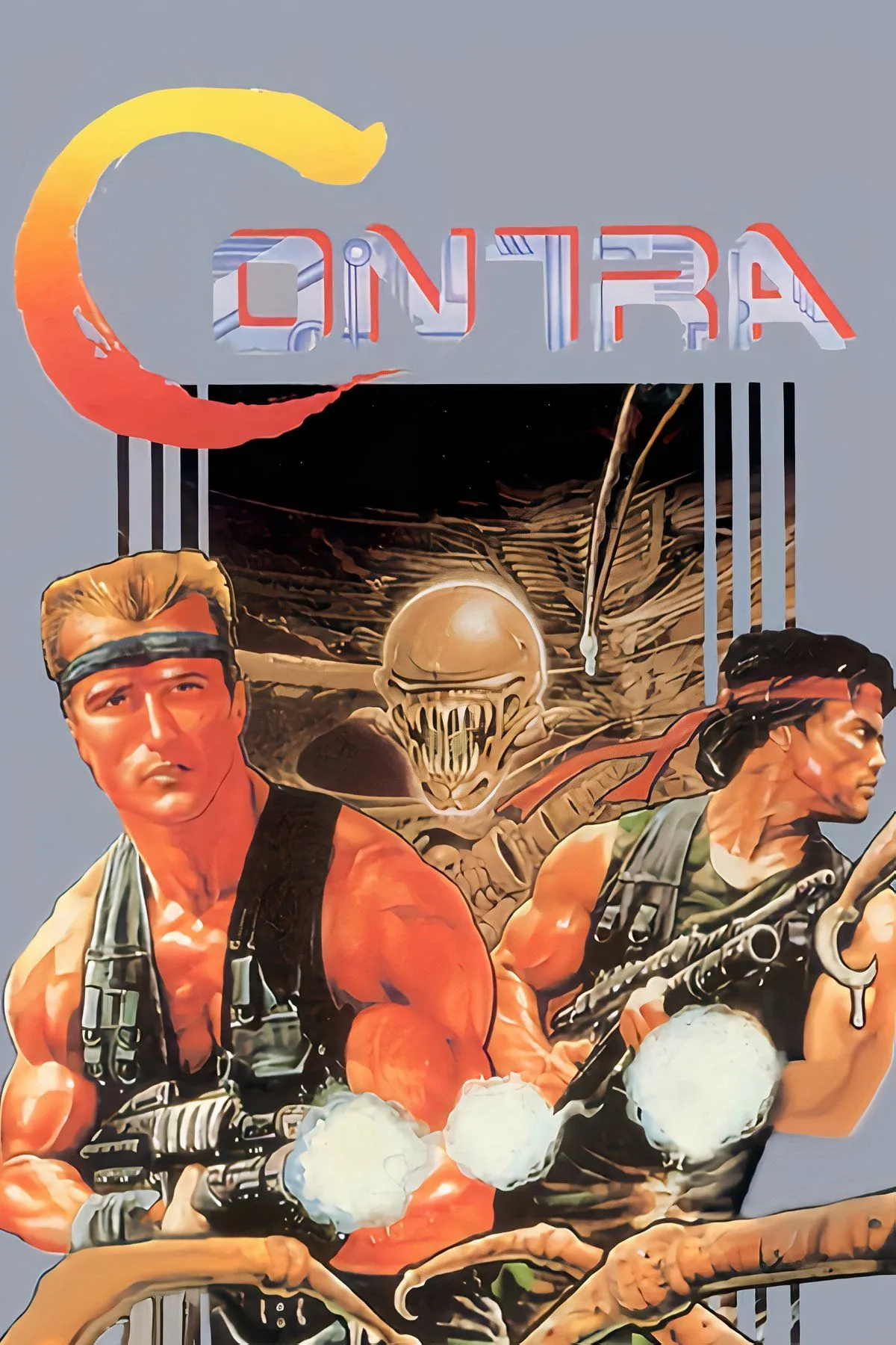 Tổng hợp các cảnh gameplay từ Contra, một tựa game hành động bắn súng nổi tiếng trên NES.